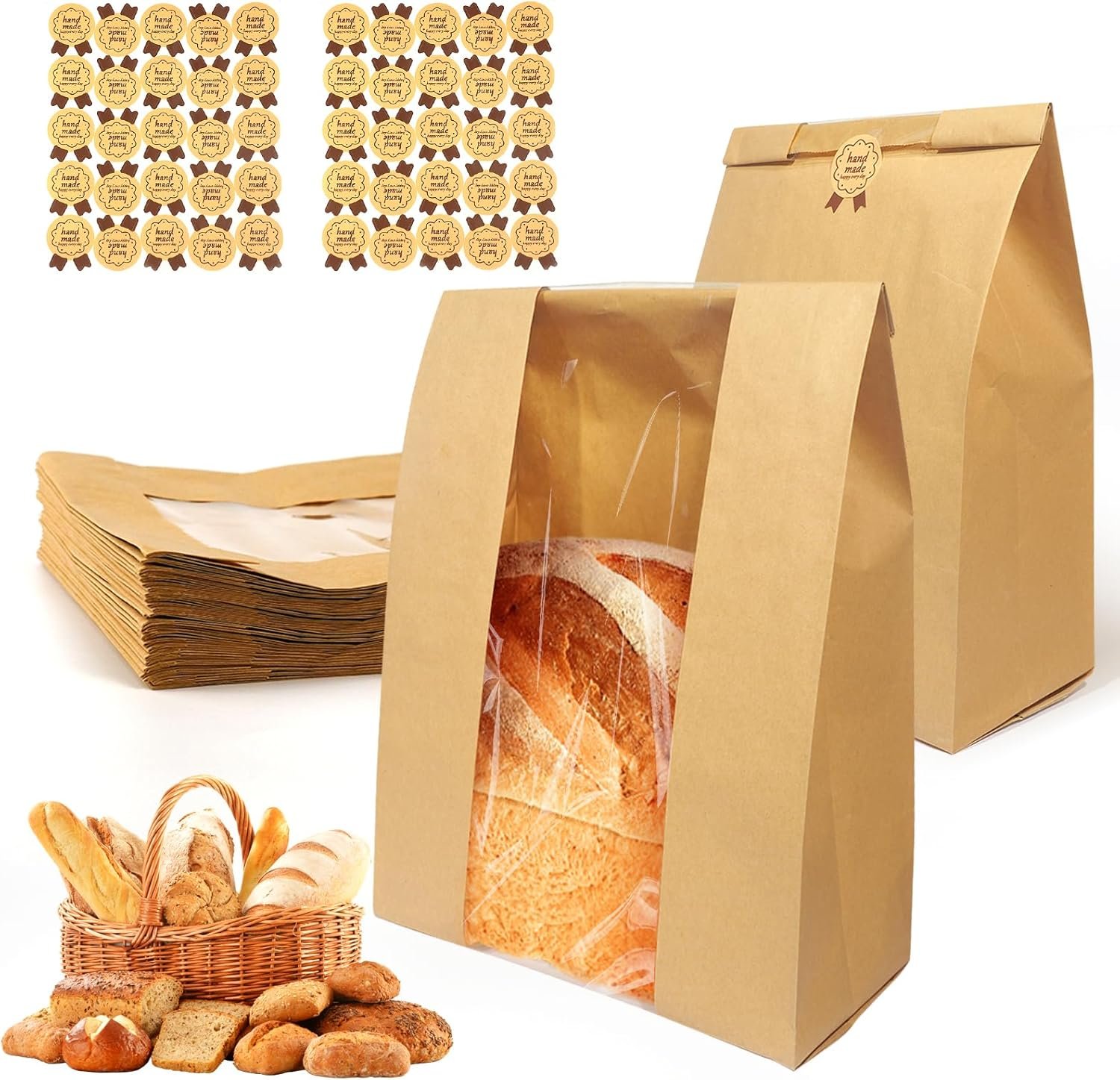 30 Pack Large Bread Bags for Homemade Sourdough Bread - Kraft Paper Storage Bakery Bags with Clear Window Bonus 50 Seal Stickers for Sourdough Sandwich (13.7x8.2x3.5 Inches, Brown)