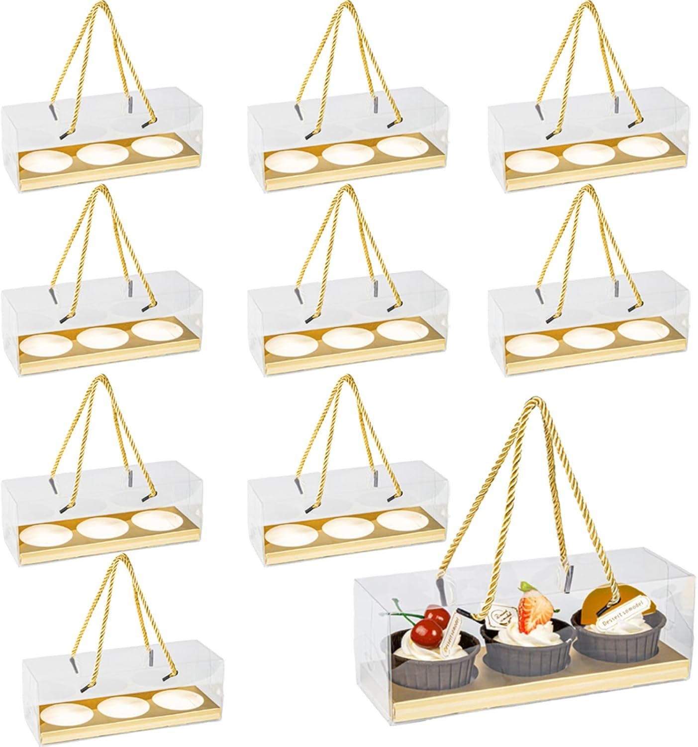 20pcs Clear Cupcake Boxes with Handle Mother's Day Cupcake Container Transparent Bakery Cake Boxes Plastic Cake Carrier Baked Dessert Box for Wedding Party Favor (B-gold)