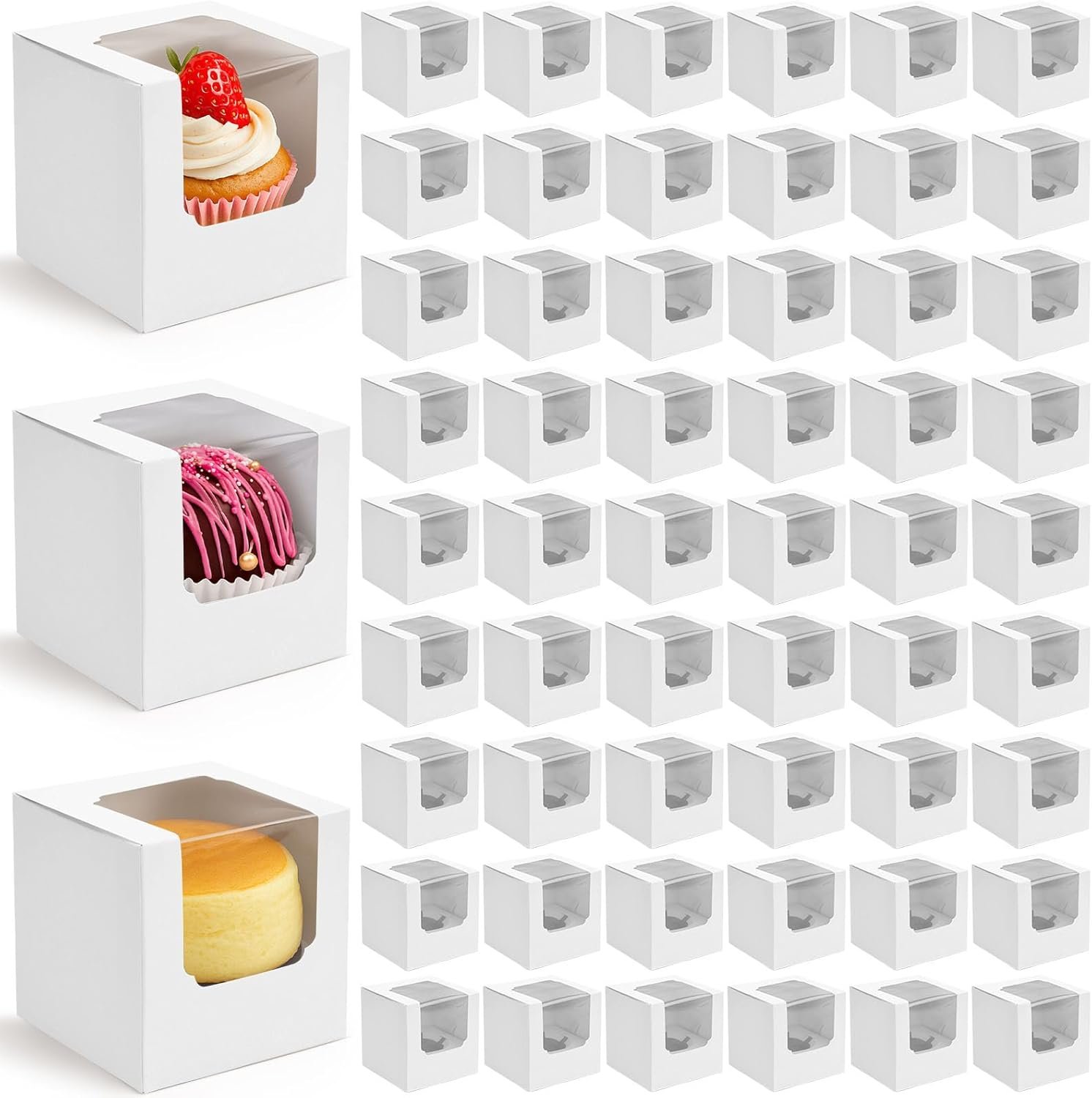 VGOODALL 60PCS Cupcake Boxes, 3.5 Inches Individual Cupcake Containers with Window and Insert for Muffins Cocoa Bombs Packaging Togo Boxes for Birthday Baby Shower Wedding Party Favors