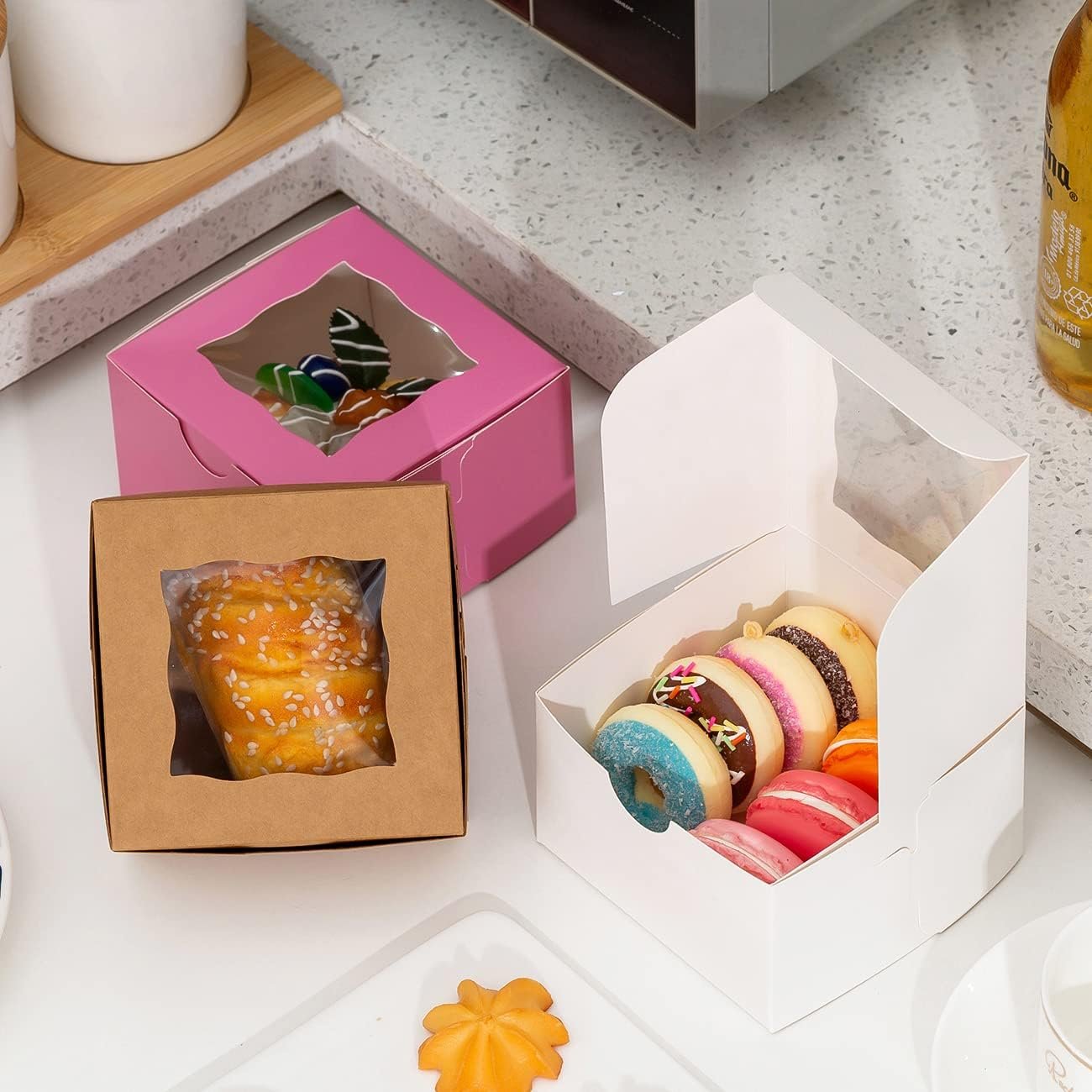 Wholesale 100Pcs Pink Paper Cookie Boxes with Window 4x4x2.5 Inches Mini Bakery Packaging for Pastries Cupcakes Desserts Donuts Chocolate Strawberries Candy Treats Factory