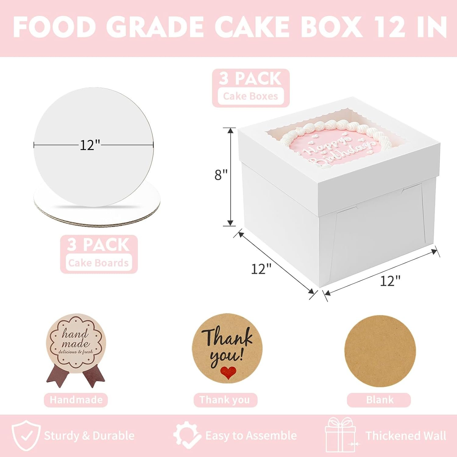 Wholesale 3 Pack 12x12x8 Inch White Square Cake Boxes with Boards Disposable Cardboard Containers Lids for Pastries Donuts Pies Cookies Desserts Wedding Birthday Party Factory