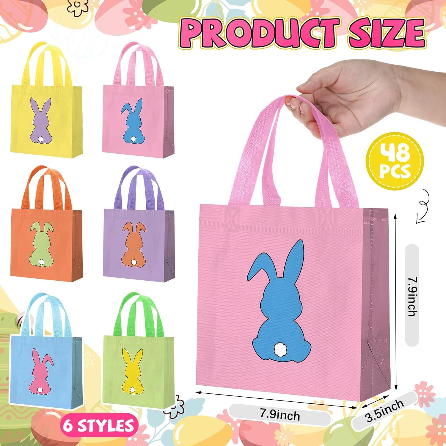 Wholesale 48 Pieces Reusable Easter Bunny Tote Bags with Handles Colorful Non-Woven Rabbit Goodie Baskets for Egg Hunt Party Favors 7.8 x 7.8 x 3.5 Inch Factory