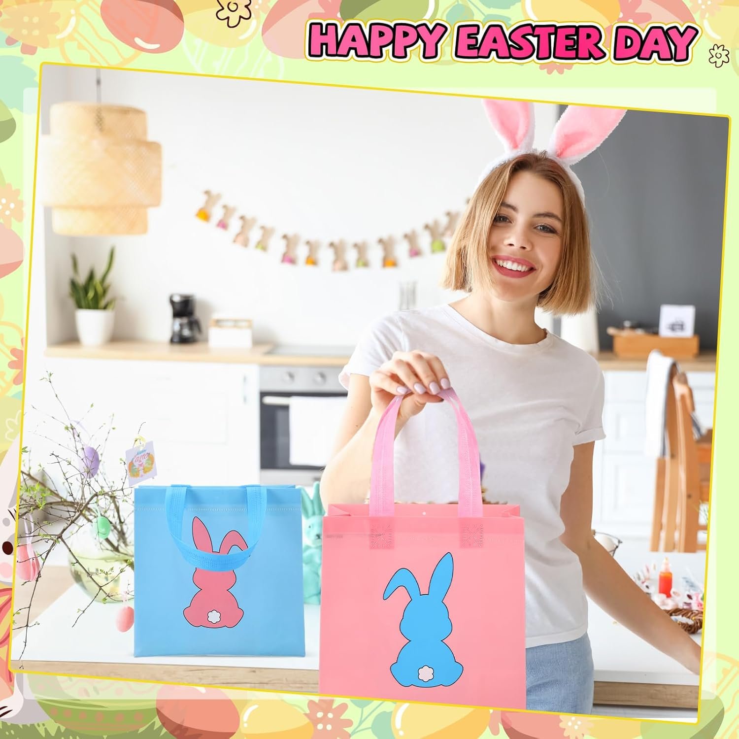Wholesale 48 Pieces Reusable Easter Bunny Tote Bags with Handles Colorful Non-Woven Rabbit Goodie Baskets for Egg Hunt Party Favors 7.8 x 7.8 x 3.5 Inch Factory
