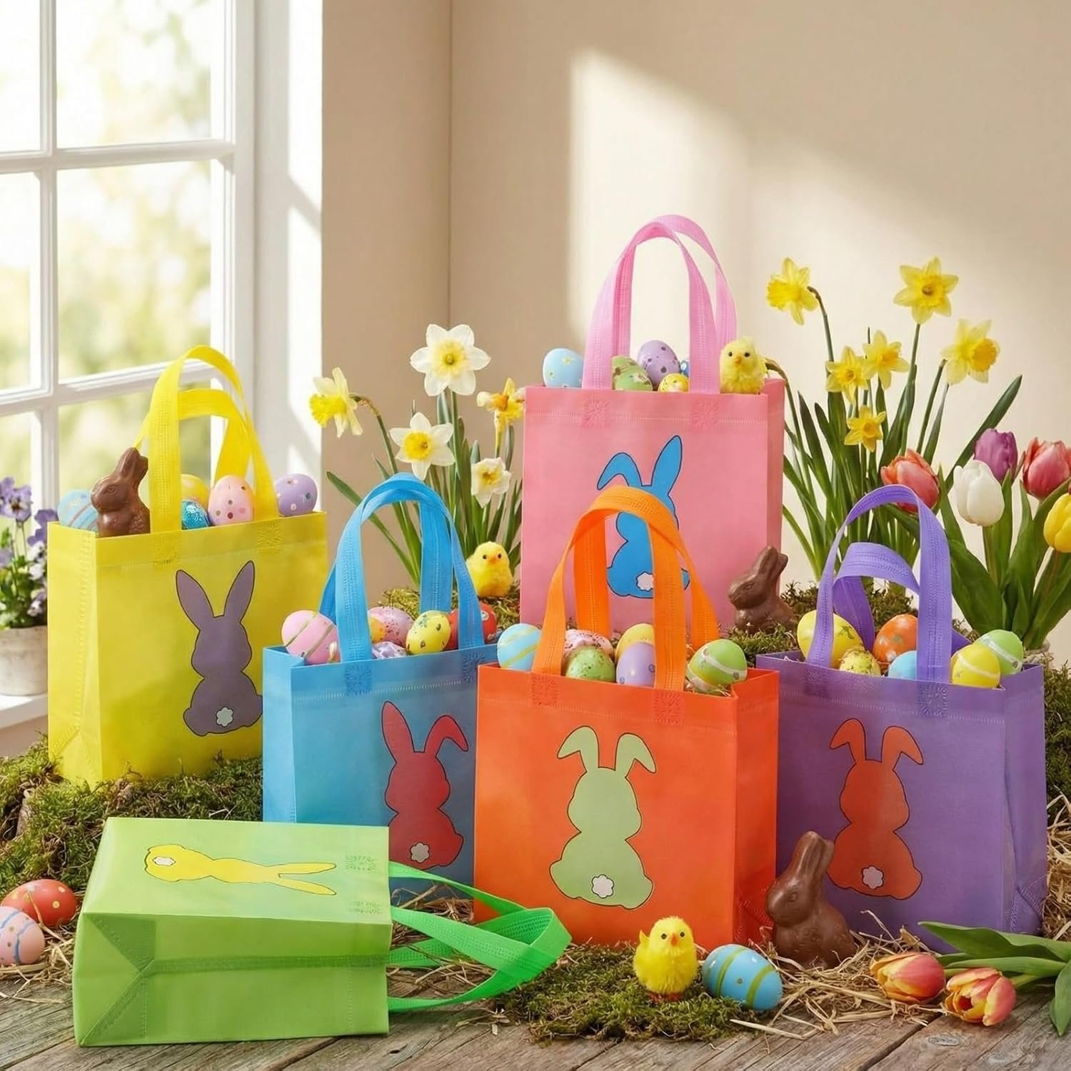 Wholesale 48 Pieces Reusable Easter Bunny Tote Bags with Handles Colorful Non-Woven Rabbit Goodie Baskets for Egg Hunt Party Favors 7.8 x 7.8 x 3.5 Inch Factory