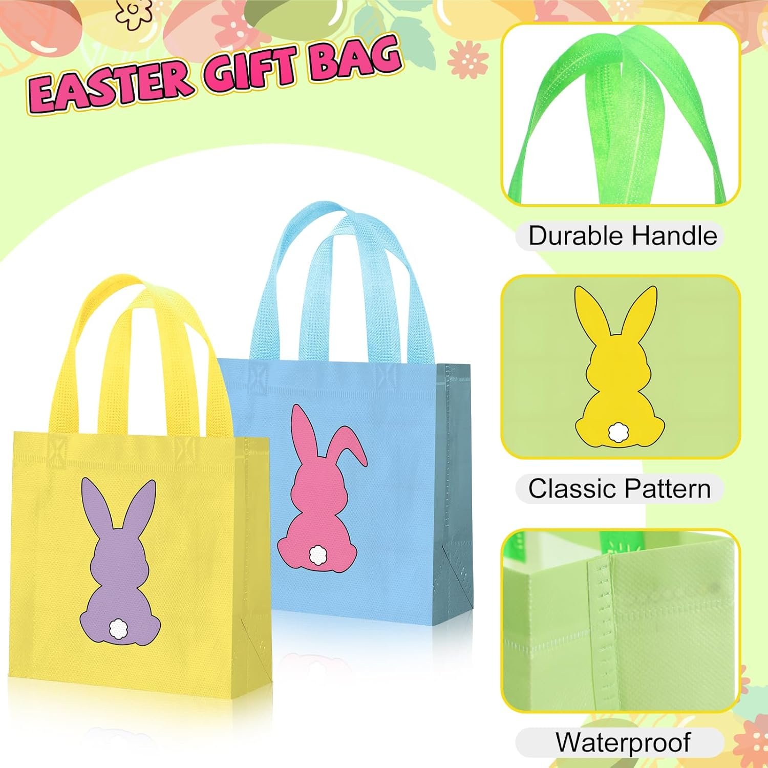 Wholesale 48 Pieces Reusable Easter Bunny Tote Bags with Handles Colorful Non-Woven Rabbit Goodie Baskets for Egg Hunt Party Favors 7.8 x 7.8 x 3.5 Inch Factory