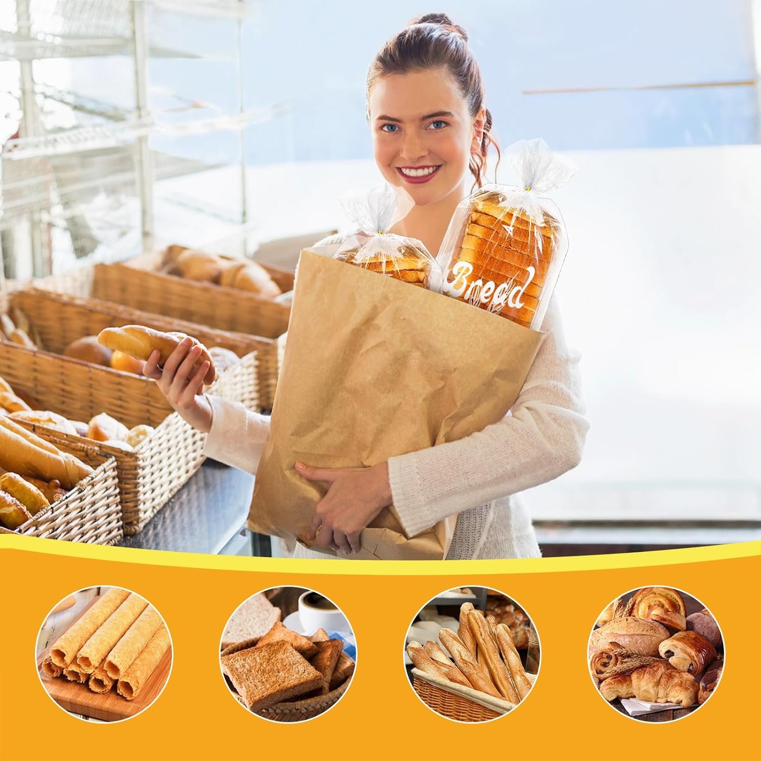 Wholesale 200 Pack Reusable Plastic Bread Loaf Bags with Ties Printed Design 8x4x18 Inch Adjustable Storage for Bakery Homemade Factory