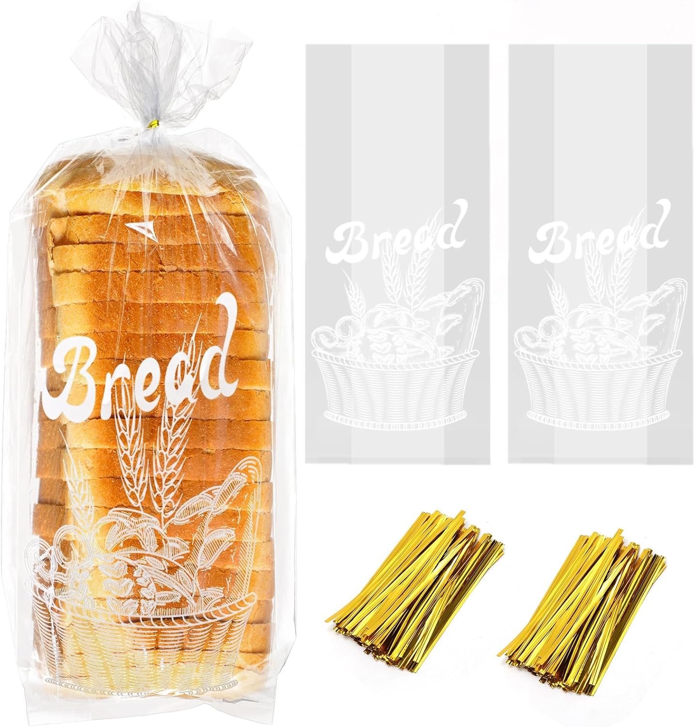 Nicunom 200 Pack Bread Loaf Packing Bags with Ties, Printed Bread Bag for Homemade Bread or Bakery, 8” x 4” x 18”, Reusable Plastic Bread Bags, Large Bread Storage Bags Adjustable