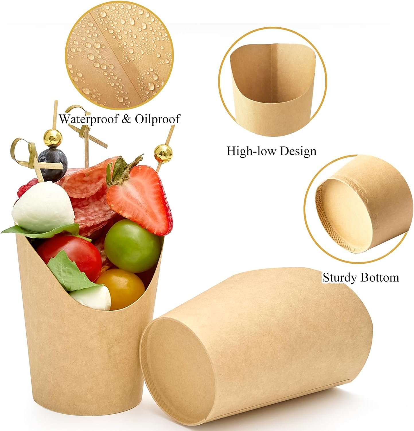 Wholesale 8 oz Small Disposable Kraft Paper Charcuterie Cups 50 Sets with 200 Cocktail Picks Individual Appetizer Boxes French Fry Holders Factory