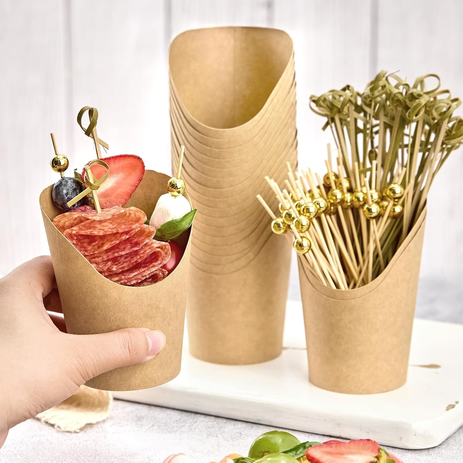 Wholesale 8 oz Small Disposable Kraft Paper Charcuterie Cups 50 Sets with 200 Cocktail Picks Individual Appetizer Boxes French Fry Holders Factory