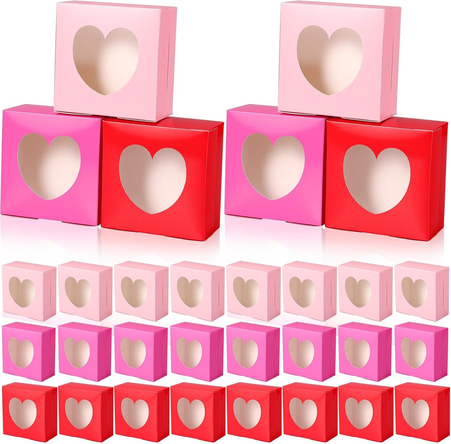 24 Pcs Heart Shaped Boxes Bakery Boxes Window 4x4x2 Inch Valentine’s Day Paper Cupcake Treat Cookie Dessert Packaging Boxes for Chocolate Strawberries Donuts Candy Party Favor (Red Pink and Rose red)