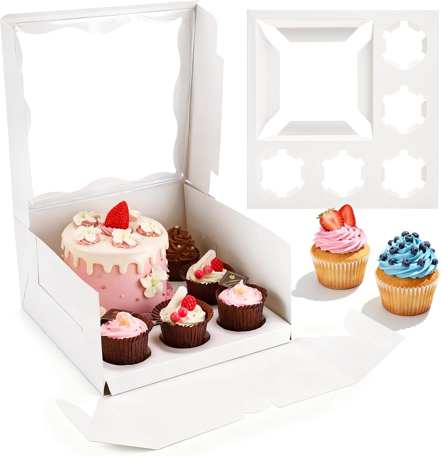 4 Packs Bento Cake Box with Cupcakes, 1+5 Cupcake Box Combo with Clear Window,Fit 5 Cupcakex and 1 Mini Cake for Wedding Birthday Party Baby Shower Baking Supplies