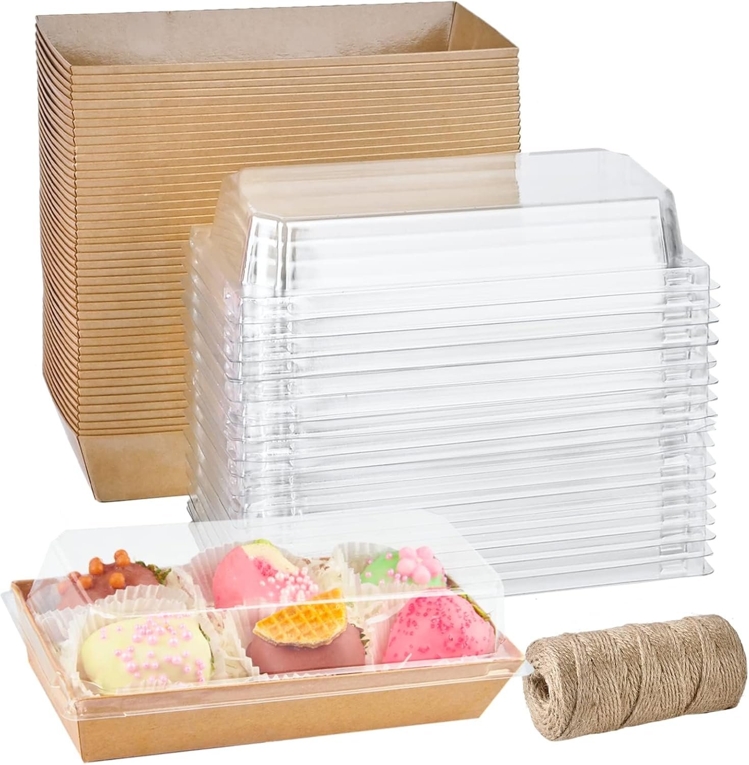 50 Pack Paper Charcuterie Boxes with Clear Lids, 7.5 Inch Small To Go Treat Containers for Desserts, Cookies, Sandwich, Pastry, Strawberries and Cupcakes (Brown)