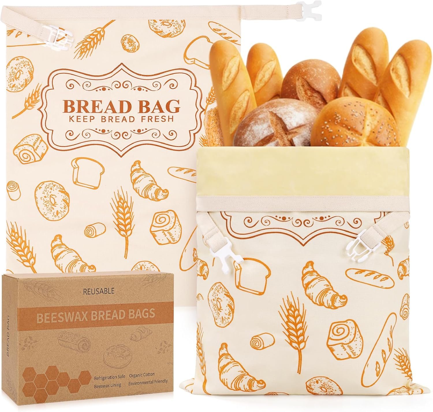 OEM 2-Pack Reusable Beeswax Bread Bags for Sourdough Homemade Bread Organic Linen Cotton Lining Natural Storage Keep Fresh Upgraded XL Capacity Portable Eco-Friendly Factory