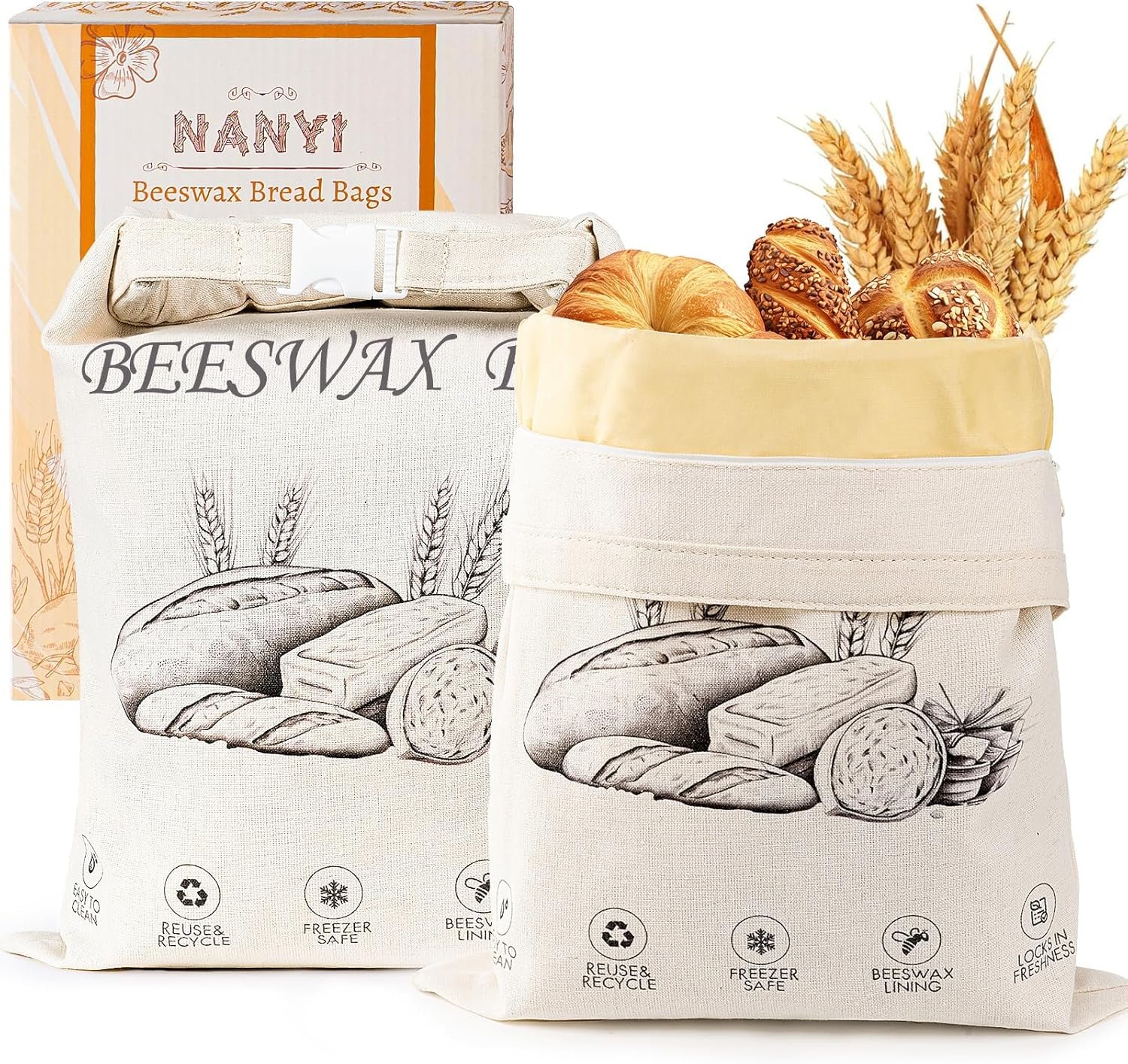 OEM 2-Pack Reusable Cotton Beeswax Bread Bags for Sourdough Homemade Loaves Keeps Fresh Longer Ivory Factory