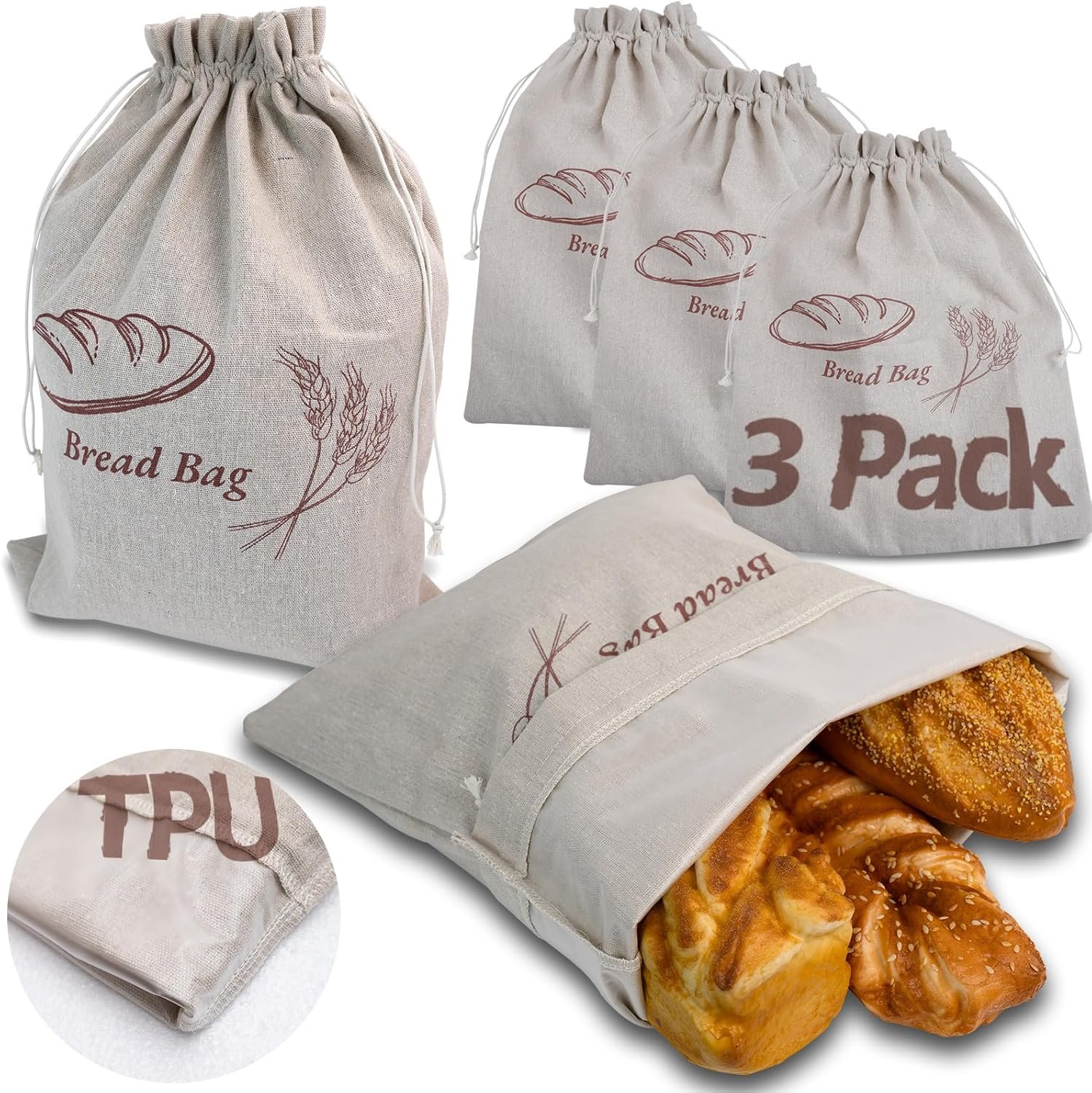OEM 3-Pack Large 17x13 Inch Linen Bread Bags with Inner Lining for Sourdough Homemade Bread Reusable Fresh-Keeping Storage manufacturer