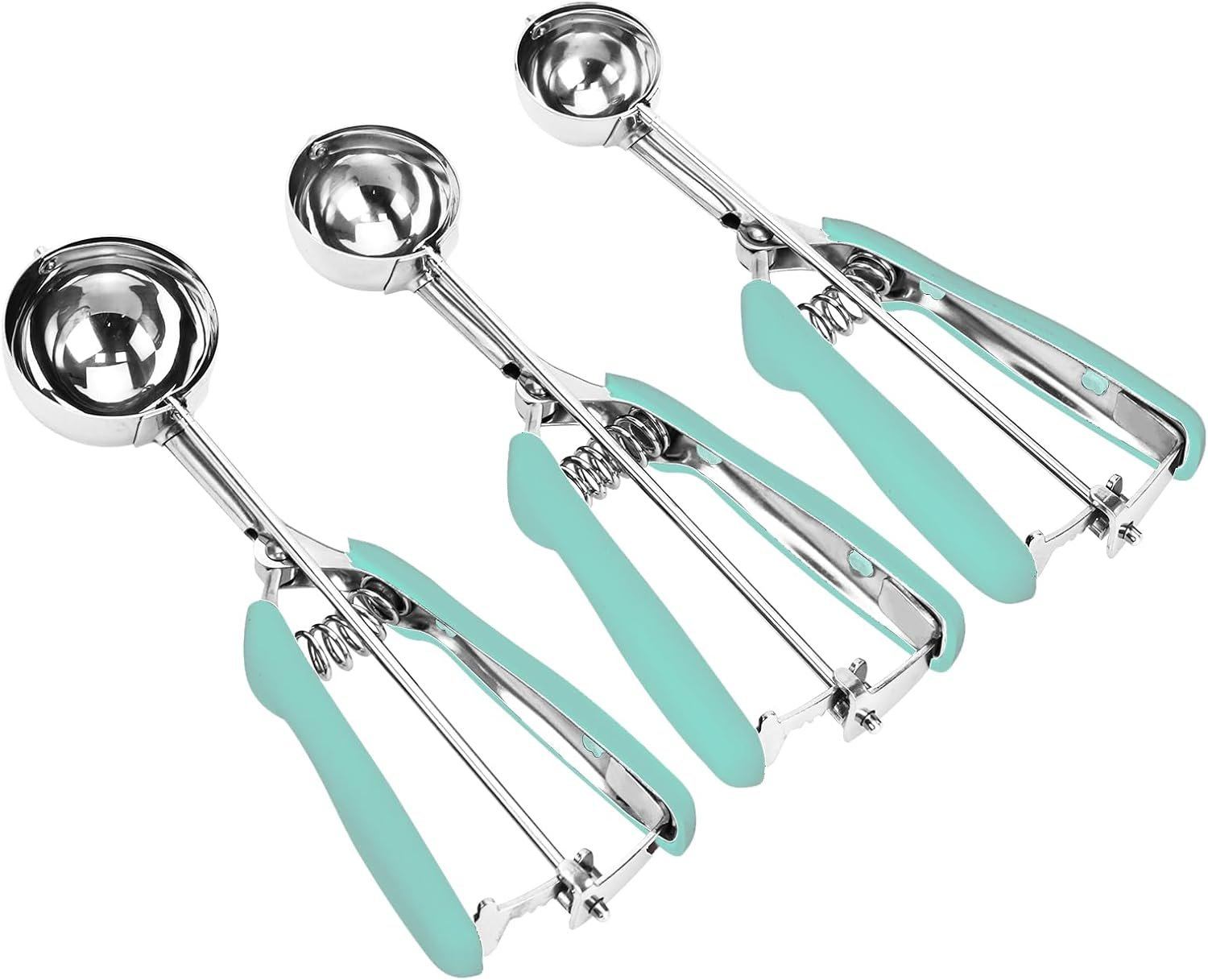 OEM 3-Pc 18/8 Stainless Steel Cookie Scoop Set with Trigger Release Mint Soft Grip for Ice Cream Dough Baking Factory