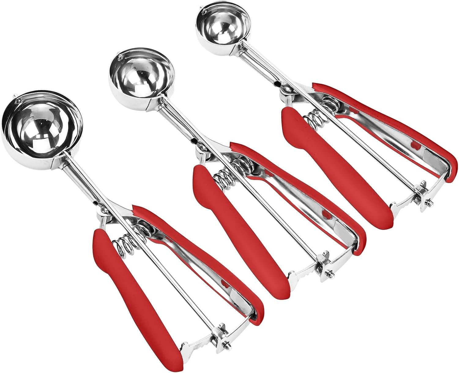 OEM 3-Piece Cookie Scoop Set 18/8 Stainless Steel Trigger Release Ice Cream Scooper Red Soft Grip Baking Dough Tool Factory