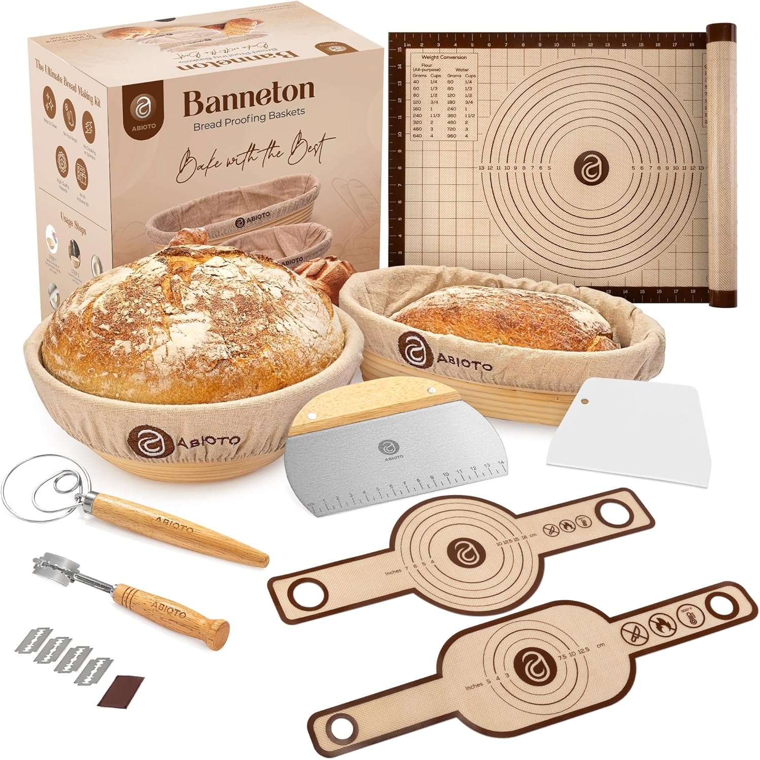 OEM Banneton Bread Proofing Basket Set Complete Sourdough Starter Kit with Lame Danish Whisk Bowl Dough Scraper 2 Slings Baking Mat Factory