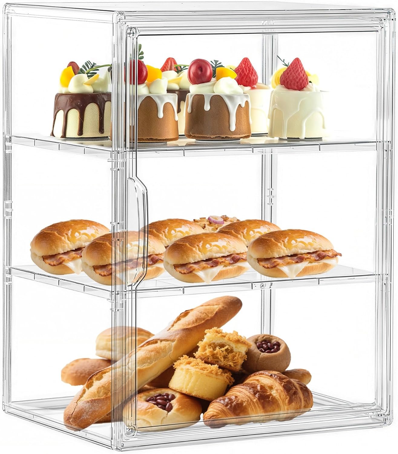 OEM Large 3-Tier Adjustable Pastry Display Case Bread Box Clear Storage with Magnetic Door for Kitchen Countertop Bagels Donuts Factory