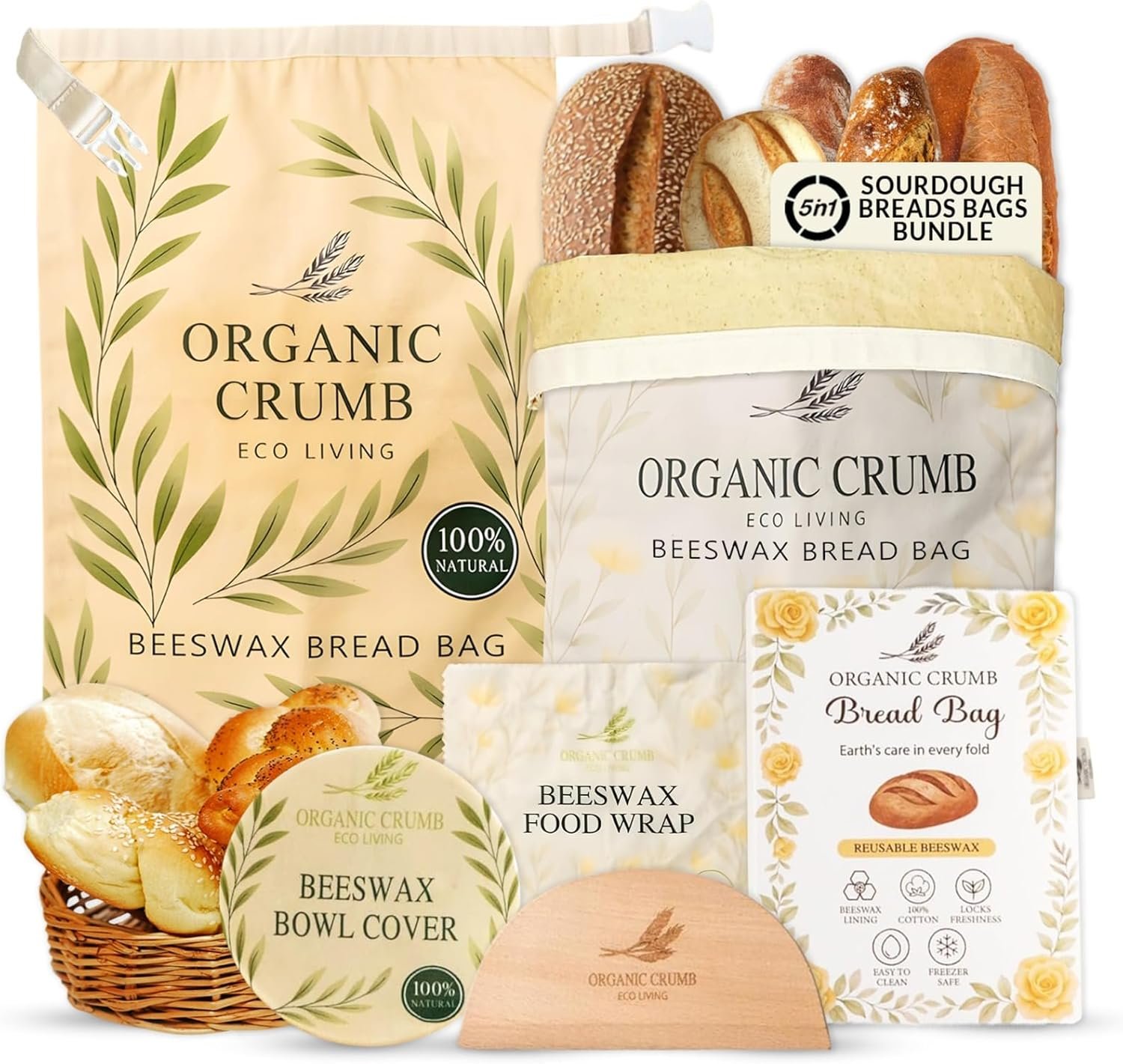 OEM Reusable Bread Bags 5-in-1 Set 2 XL Cotton Beeswax Bags Beeswax Wrap Bowl Cover Dough Scraper Eco-Friendly Sourdough Storage Factory