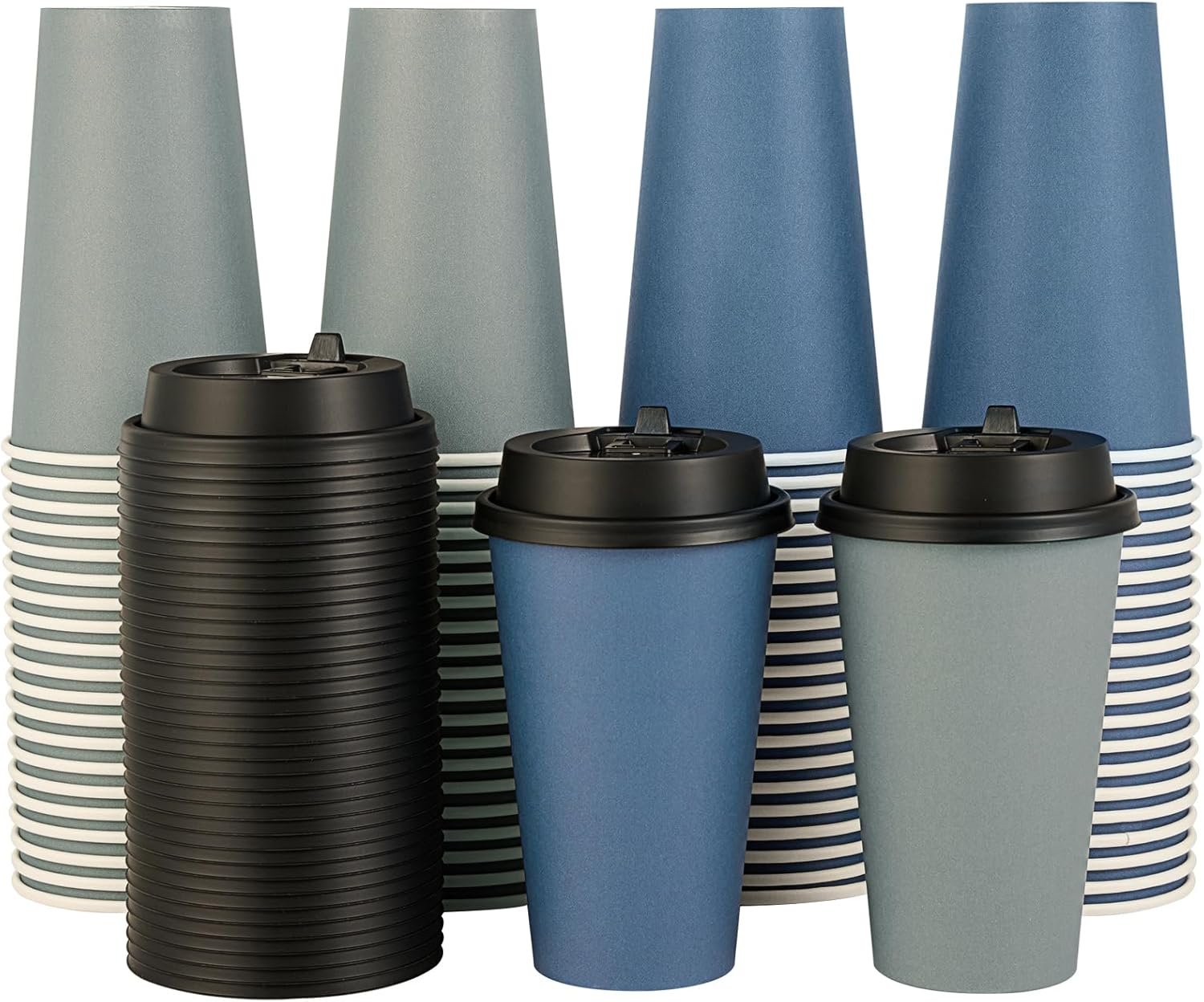 Wholesale 100 Pack 16 oz Disposable Paper Cups with Lids for Hot Beverages Like Coffee Tea Juice Water in Blue Gray for Home Office Restaurant Cafe Use Factory