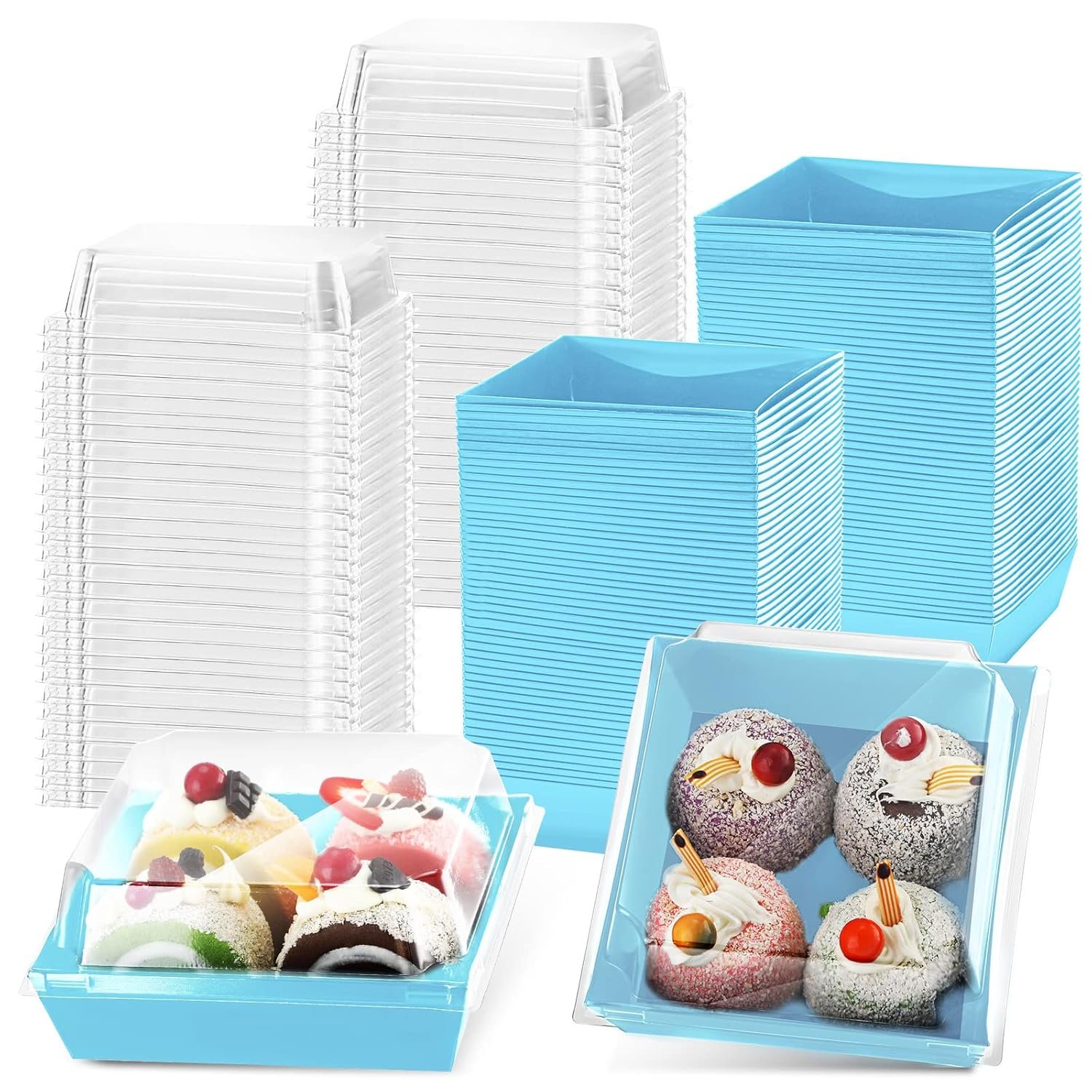 Wholesale 100 Pack 5 Inch Blue Paper Square Charcuterie Boxes Clear Lids Disposable Cookie Containers Valentine Gift for Desserts Sandwiches Slice Cakes Hot Cocoa Bombs Strawberries Factory