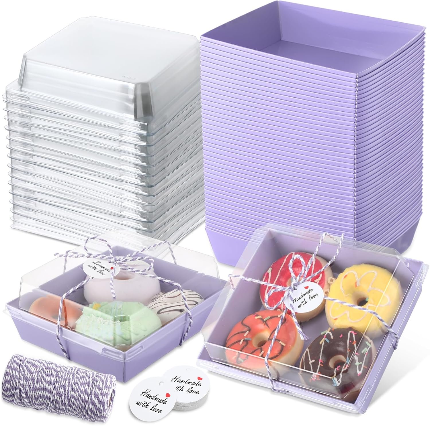 Wholesale 100 Pack 5.7 x 5.1 Inch Charcuterie Boxes with Clear Lids Purple Classic Paper Food Containers for Desserts Sandwiches Cake Bakery Takeout Valentine's Day Gift Tags Rope Factory
