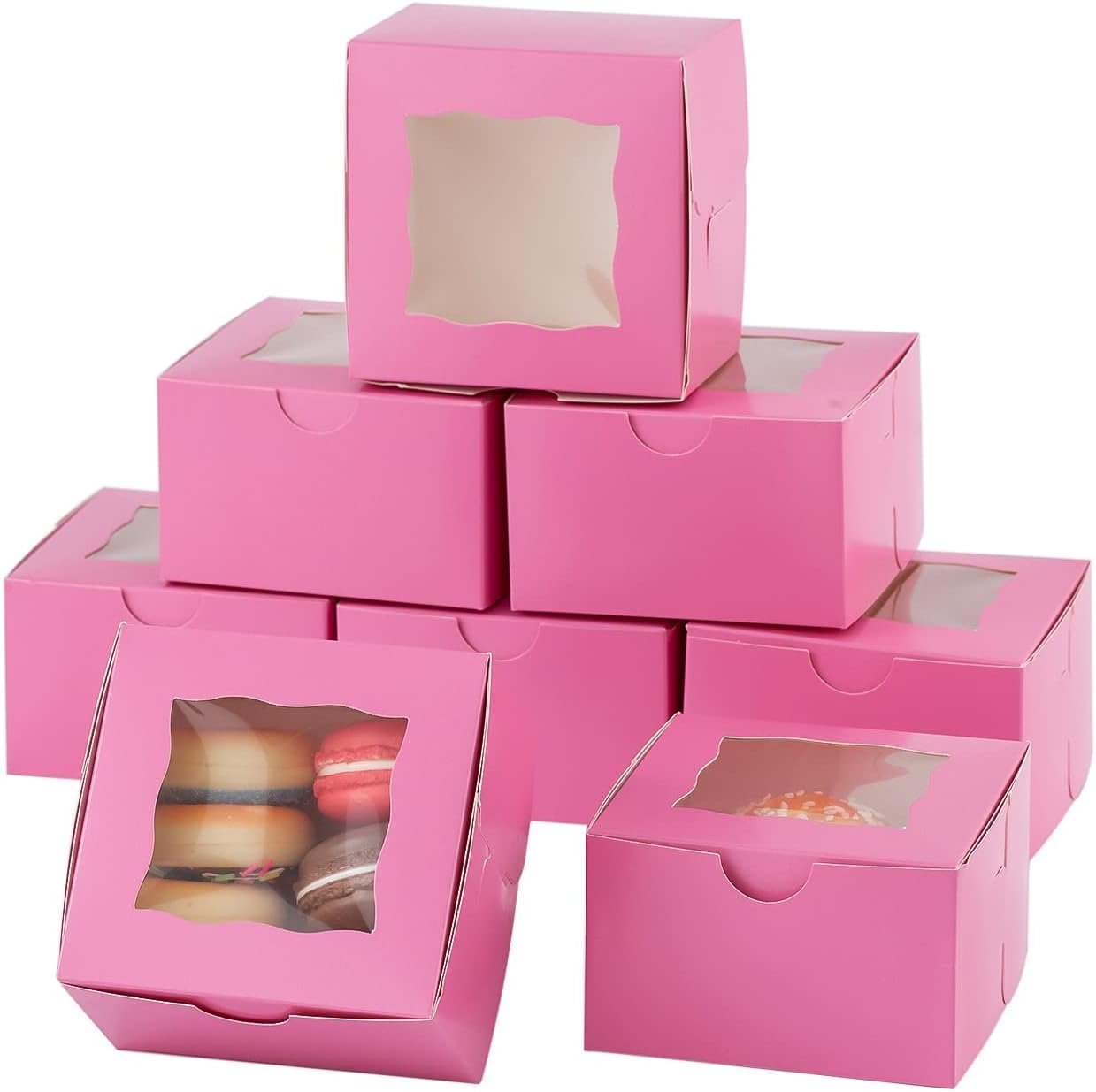 Wholesale 100Pcs Pink Paper Cookie Boxes with Window 4x4x2.5 Inches Mini Bakery Packaging for Pastries Cupcakes Desserts Donuts Chocolate Strawberries Candy Treats Factory