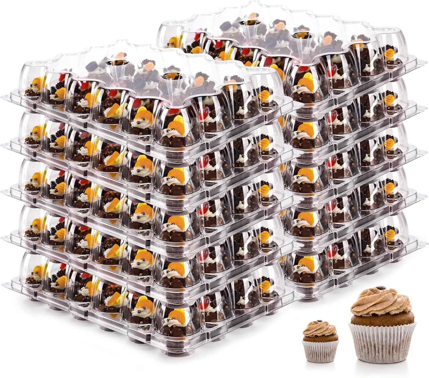 Wholesale 15-Pack 24-Count Mini Cupcake Containers with Detachable Tall Dome Lids Stackable Plastic Holders for 360 Cupcakes BPA-Free Factory