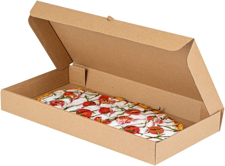 Wholesale 15 x 7 x 1.5 Inch Sturdy Corrugated Flatbread Takeaway Boxes 50 Pack E-Flute Tab-Lock Kraft Green Disposable Pizza Boxes Factory
