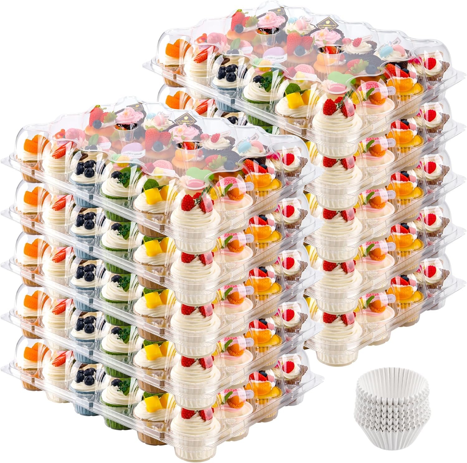 Wholesale 24-Count Stackable Plastic Cupcake Boxes 10-Pack with Detachable Tall Dome Lids 240 Liners for 240 Cupcakes BPA-Free Standard Size Factory