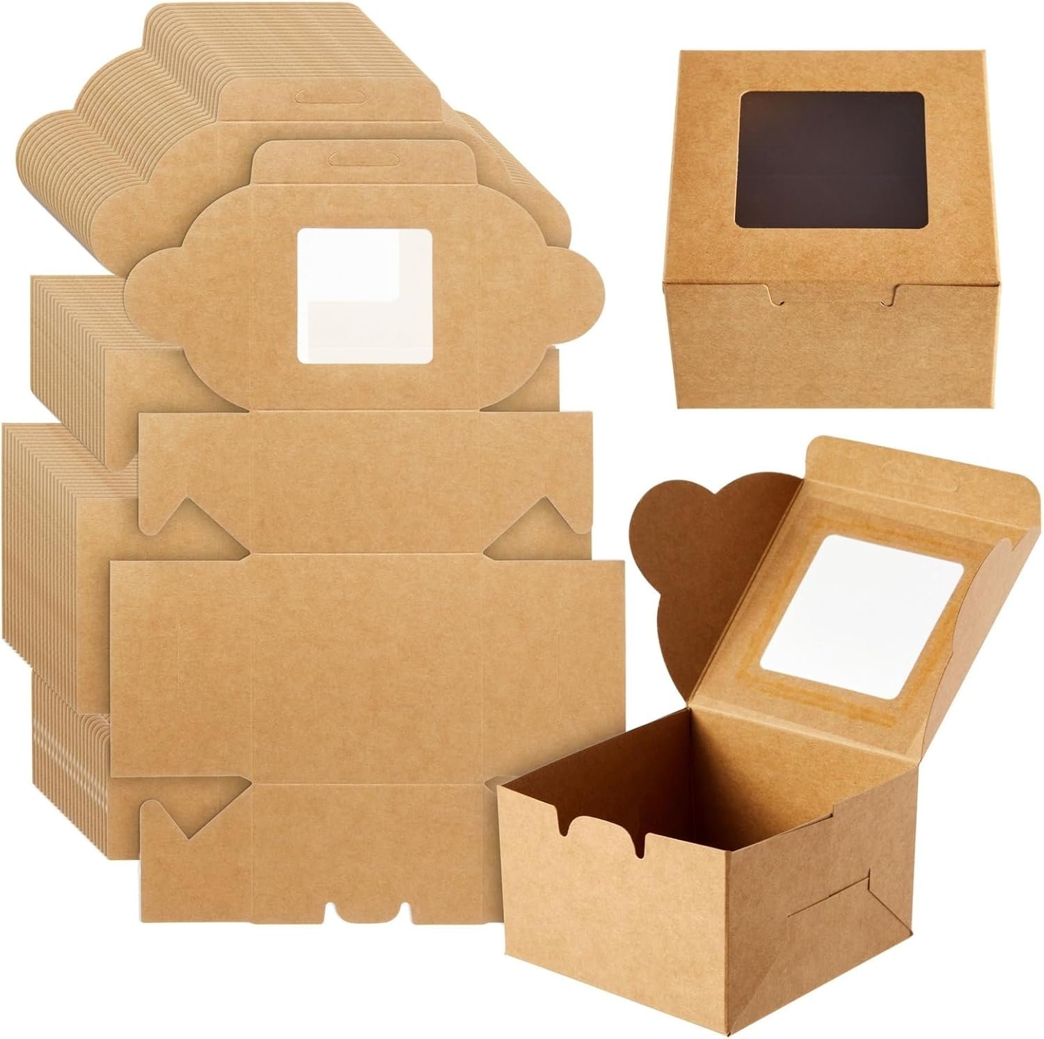 Wholesale 25-Pack Cupcake Boxes with Window 4x4x2.5 in Brown Paper Cookie Dessert Containers Lids Baked Goods Packaging Factory
