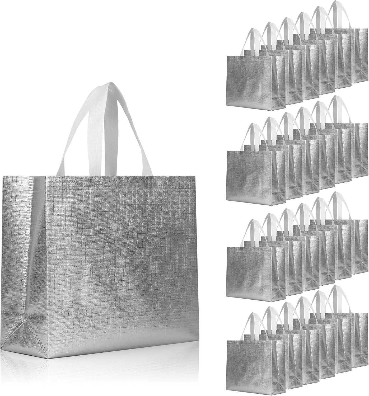 Wholesale 25 Pcs Silver Reusable Gift Bags with Metallic Design Non-Woven Bulk with Handles Glossy for Wrapping Gifts Birthdays Weddings Parties Graduations 12.6x4.7x11 Inches Factory