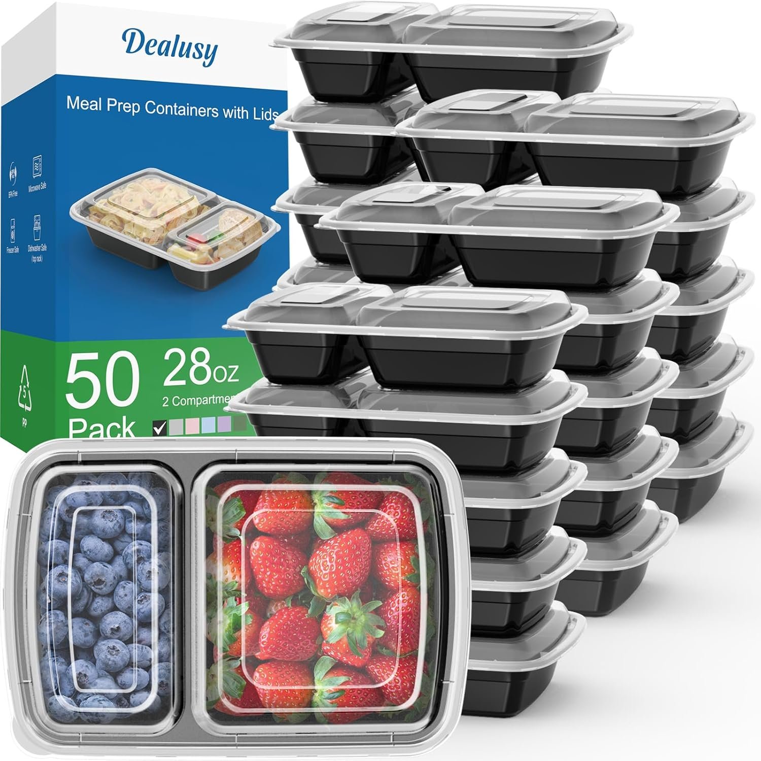 Wholesale 28 oz 2-Compartment Meal Prep Containers 50 Pack 100 Pieces Reusable Plastic Food Storage with Lids Sturdy Leakproof Food-Safe Microwave Freezer Dishwasher Safe Black To-Go Takeout Factory