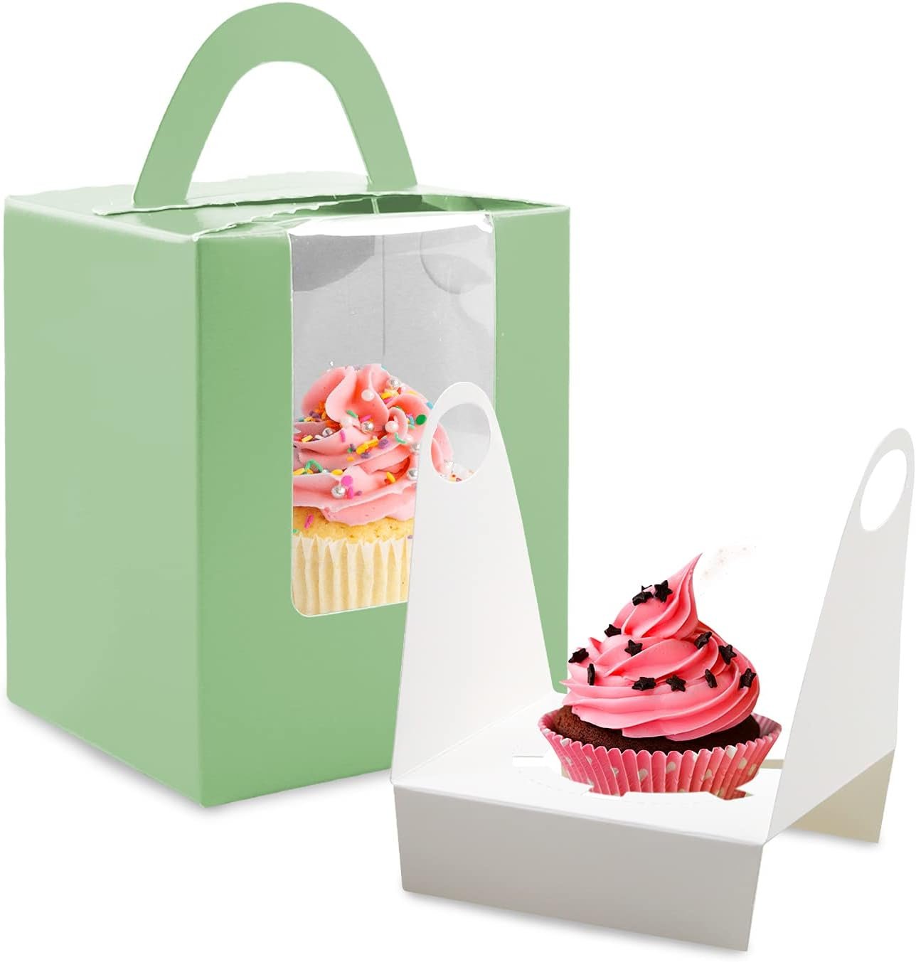Wholesale 30 Pcs Single Cupcake Boxes Individual Containers for Muffins Pastries with Inserts Windows Handles for Weddings Birthdays Green Factory