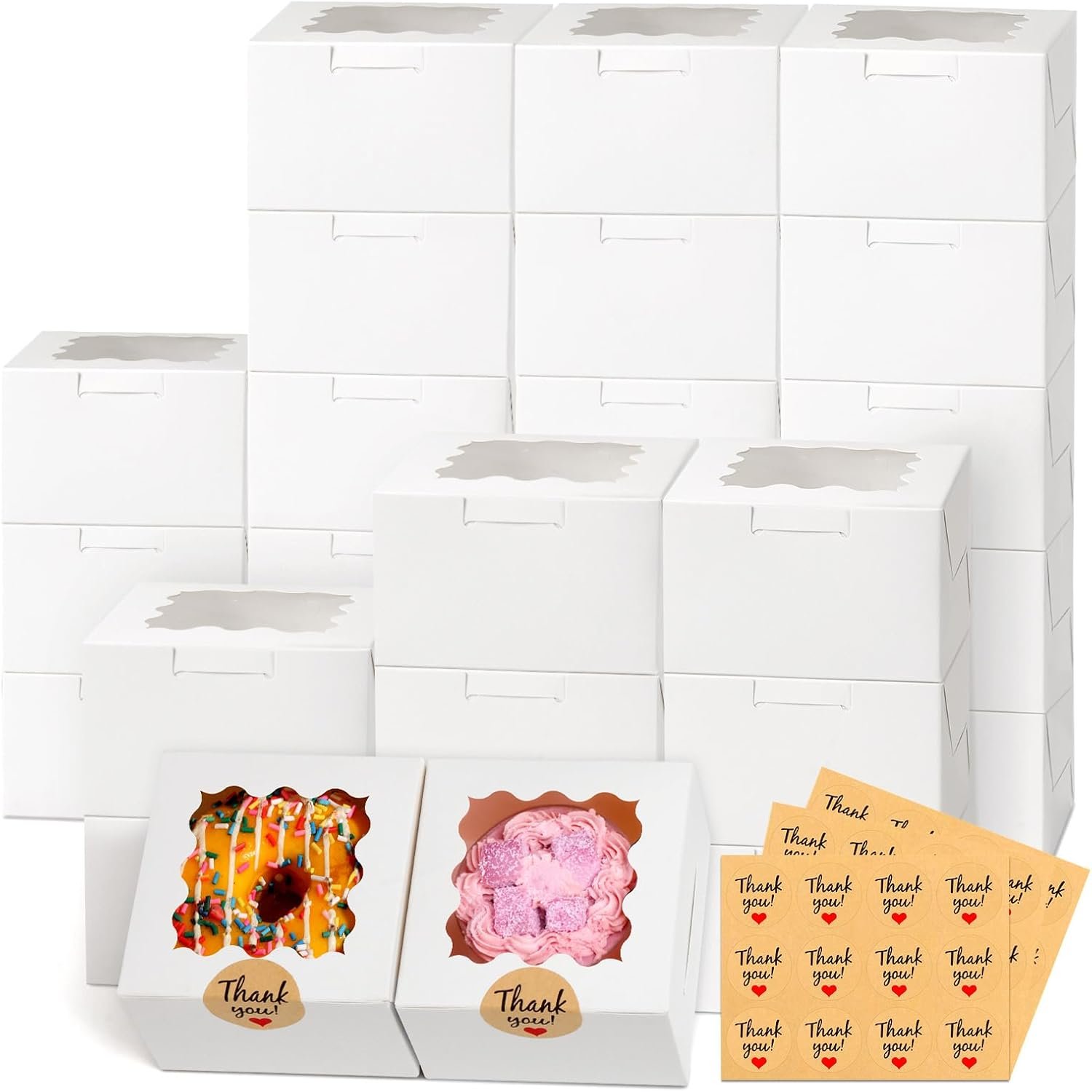Wholesale 4x4x2.5 Inch White Cookie Boxes with Window 26pcs Small Bakery Packaging 36pcs Stickers for Mini Cakes Cookies Treats Desserts Pastries Donuts Macarons Strawberries Chocolates Cupcakes Candy Factory