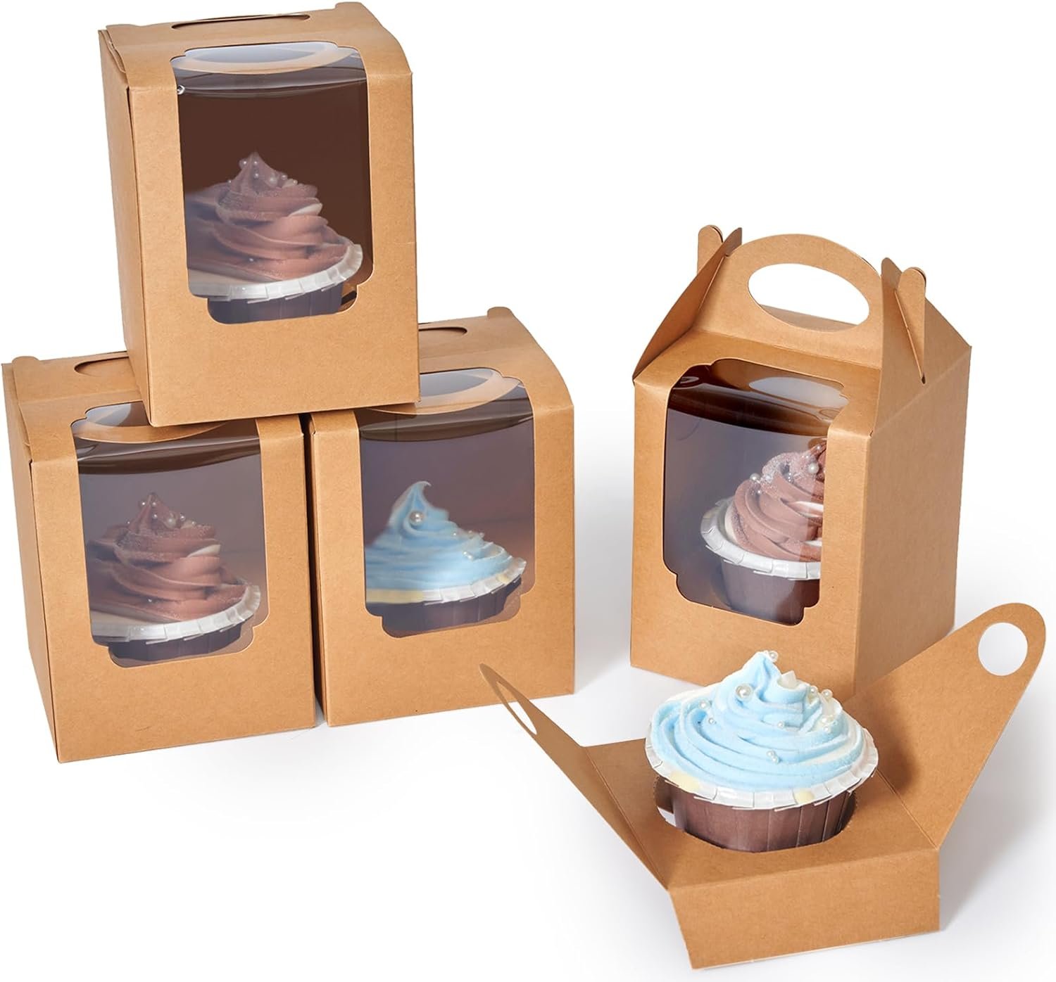 Wholesale 50 Individual Cupcake Boxes Brown Window Handle Containers Disposable Pastry Holders Bakery Party Packaging Factory
