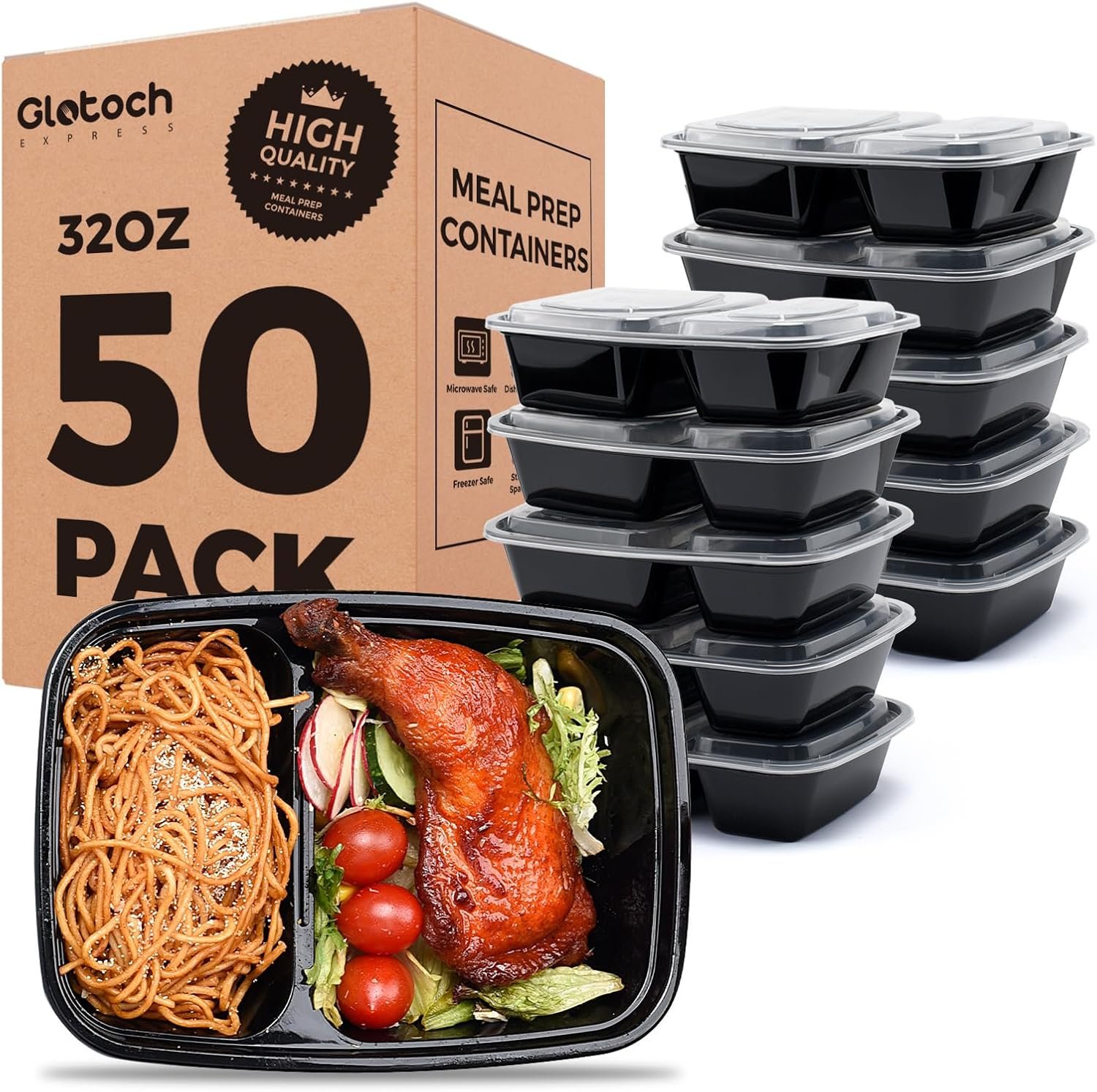 Wholesale 50-Pack 32 oz Sturdy Leakproof Dual-Compartment Meal Prep Containers with Lids Plastic Food Storage for Lunch Microwave Freezer Dishwasher Safe Takeout Factory