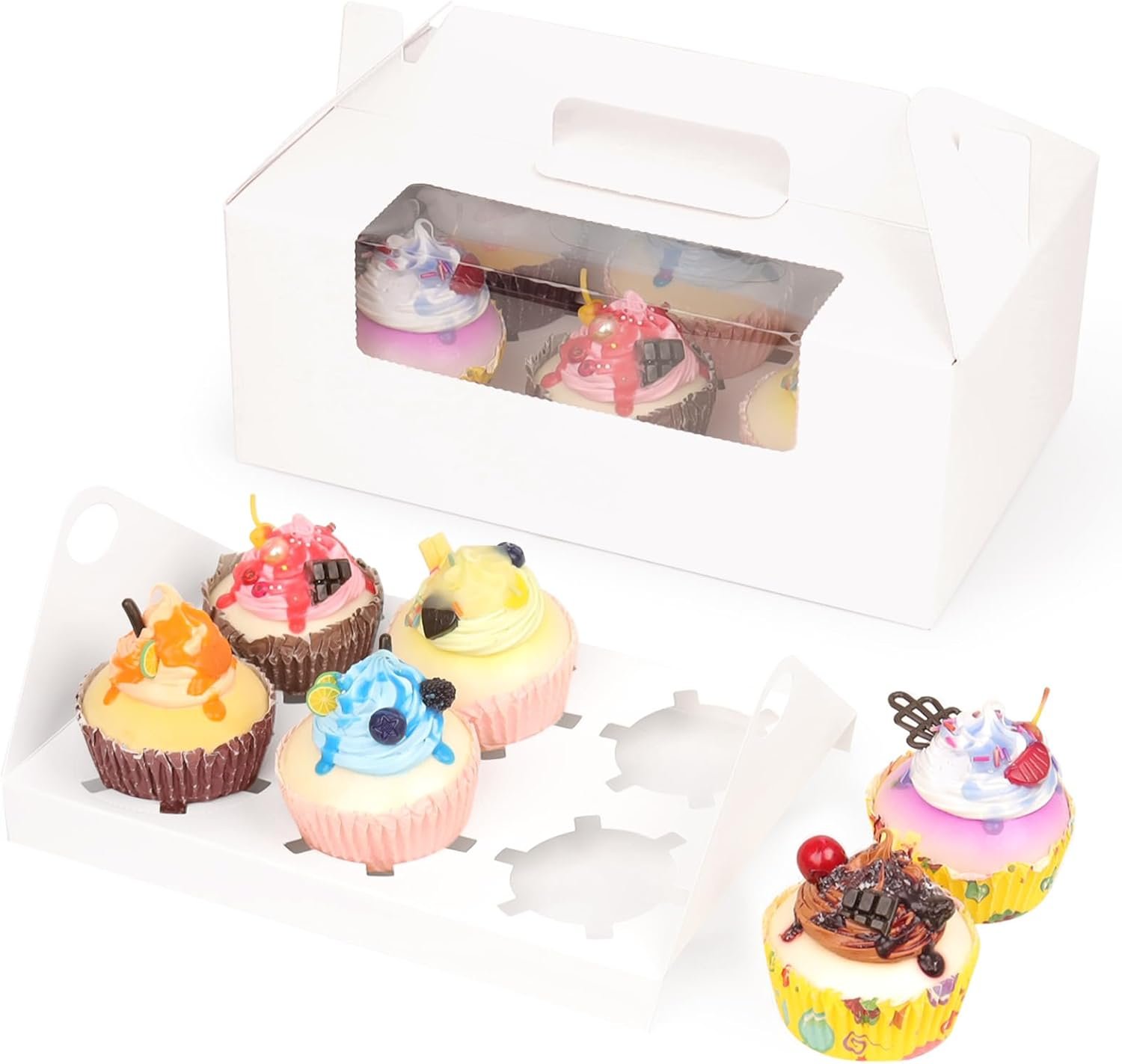 Wholesale 50-Pack 6-Count Cupcake Boxes with Handles Windows Inserts Holds 300 Standard Cupcakes Food-Grade Gable Containers for Muffins Cakes Party Desserts Factory