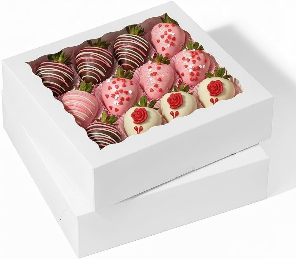 Wholesale 50-Pack 9x9x2.5 Inch White Bakery Pie Boxes with Clear Window for Chocolate Strawberries Pastries Muffins Donuts Cookies Breakable Hearts Factory