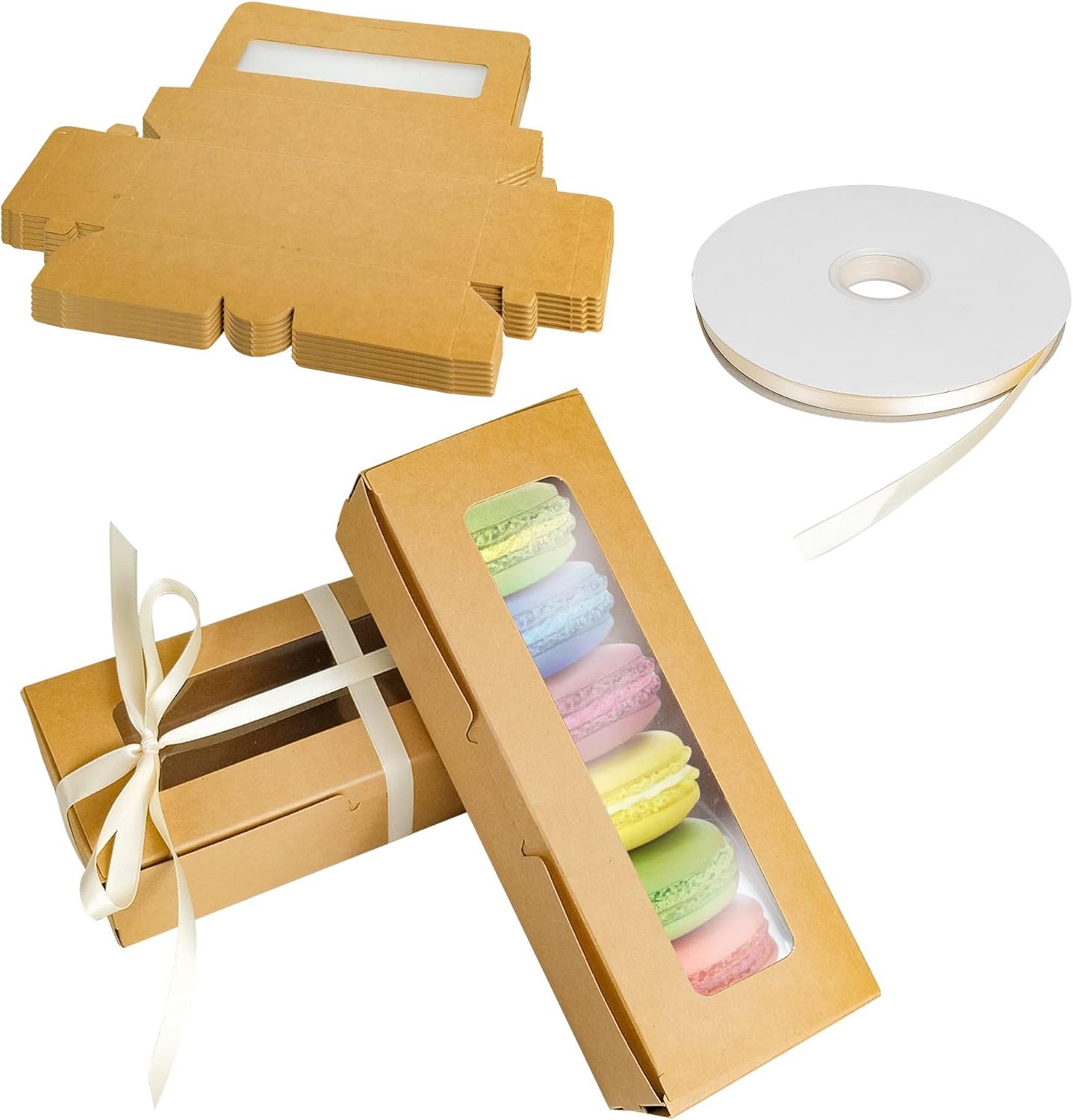 Wholesale 50 Pack Kraft Macaron Boxes 8x3x2 in Holds 6 Chocolate Covered Strawberry Bakery Cookie Containers with Clear Window Ribbon for Party Wedding Factory