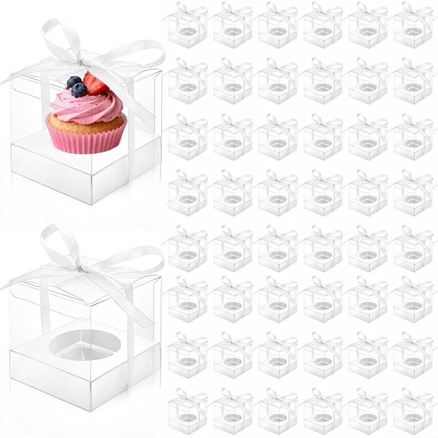 Wholesale 50 Pcs Clear 3.5 Inch Individual Plastic Cupcake Boxes with Ribbons Inserts Single Container Storage Carriers for Parties Weddings Baby Showers Ornament Candy Gifts Factory