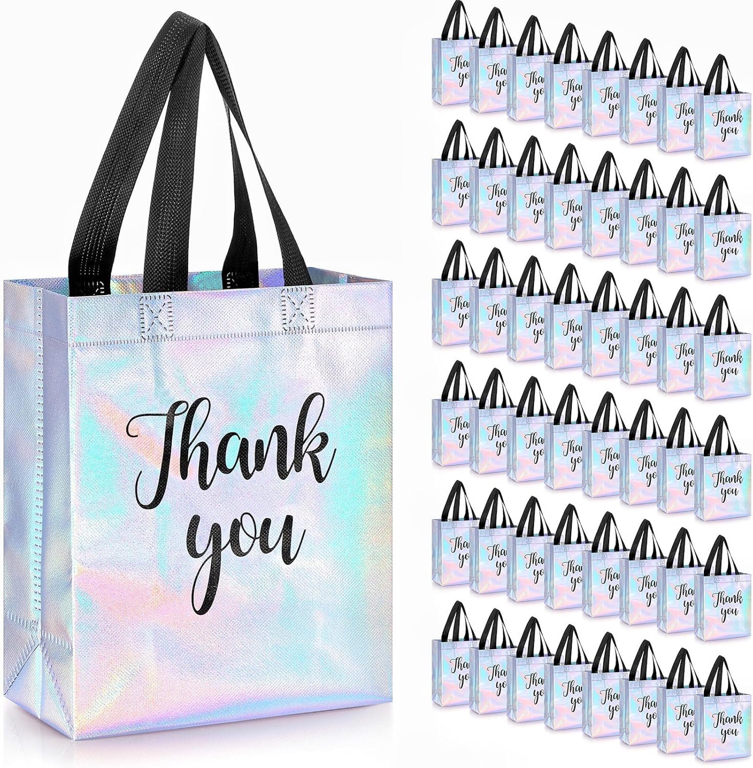 Wholesale 50 Pcs Glossy Iridescent Thank You Gift Bags with Handles 8 x 4 x 10 Inch Non Woven Reusable for Wedding Birthday Parties Engagements Anniversaries Holidays Factory