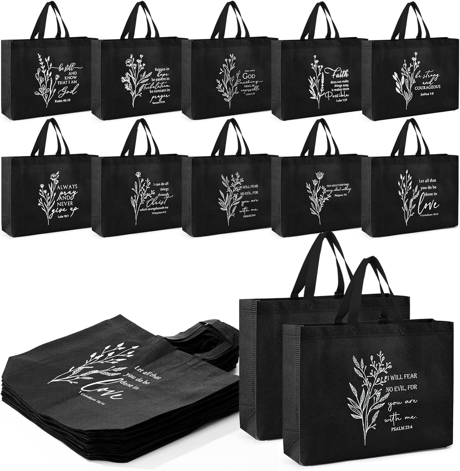 Wholesale 50 Pcs Large Reusable Non-Woven Christian Bible Verse Pastor Tote Bags with Handles Church Valentines Party Favor Black Factory