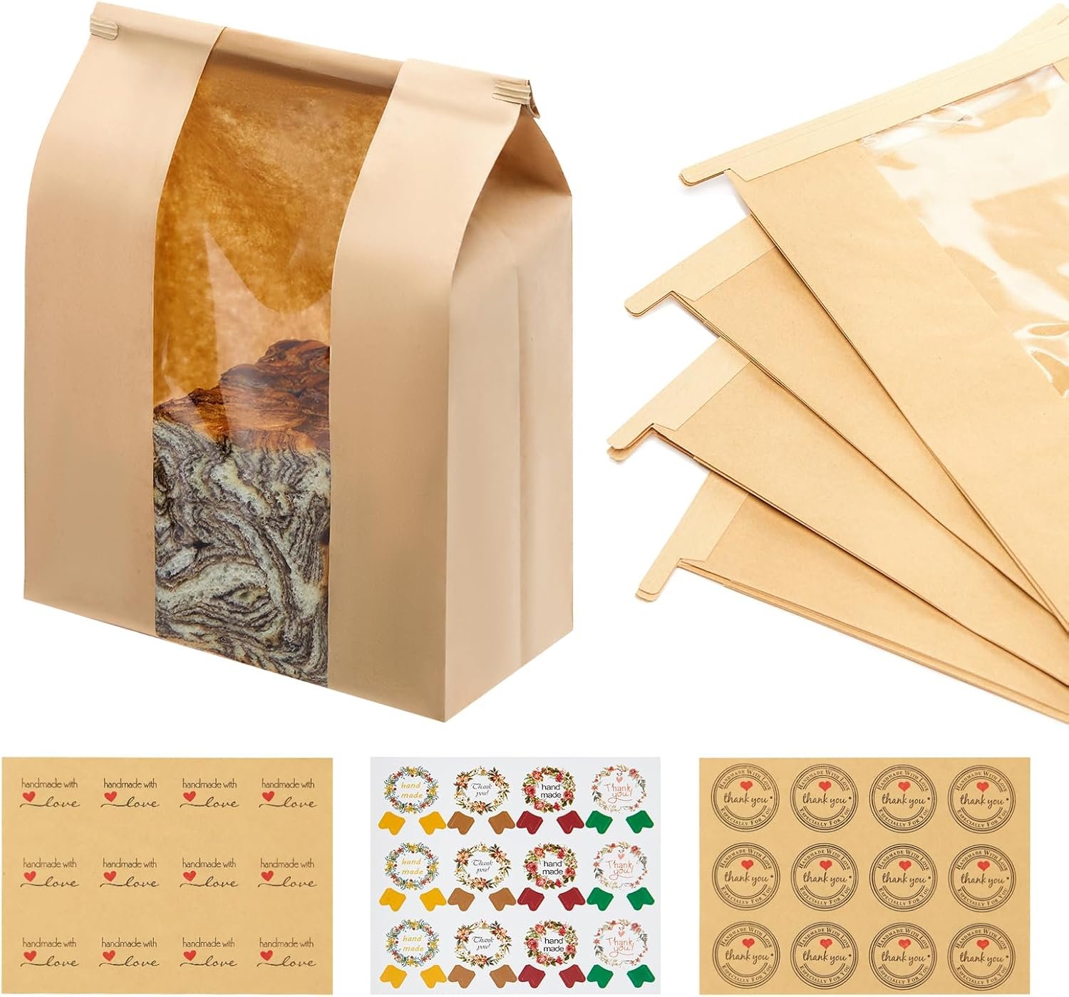 Wholesale 60 Pack Large Kraft Paper Bread Loaf Bags with Tin Tie Tab Lock and Clear Front Window 14