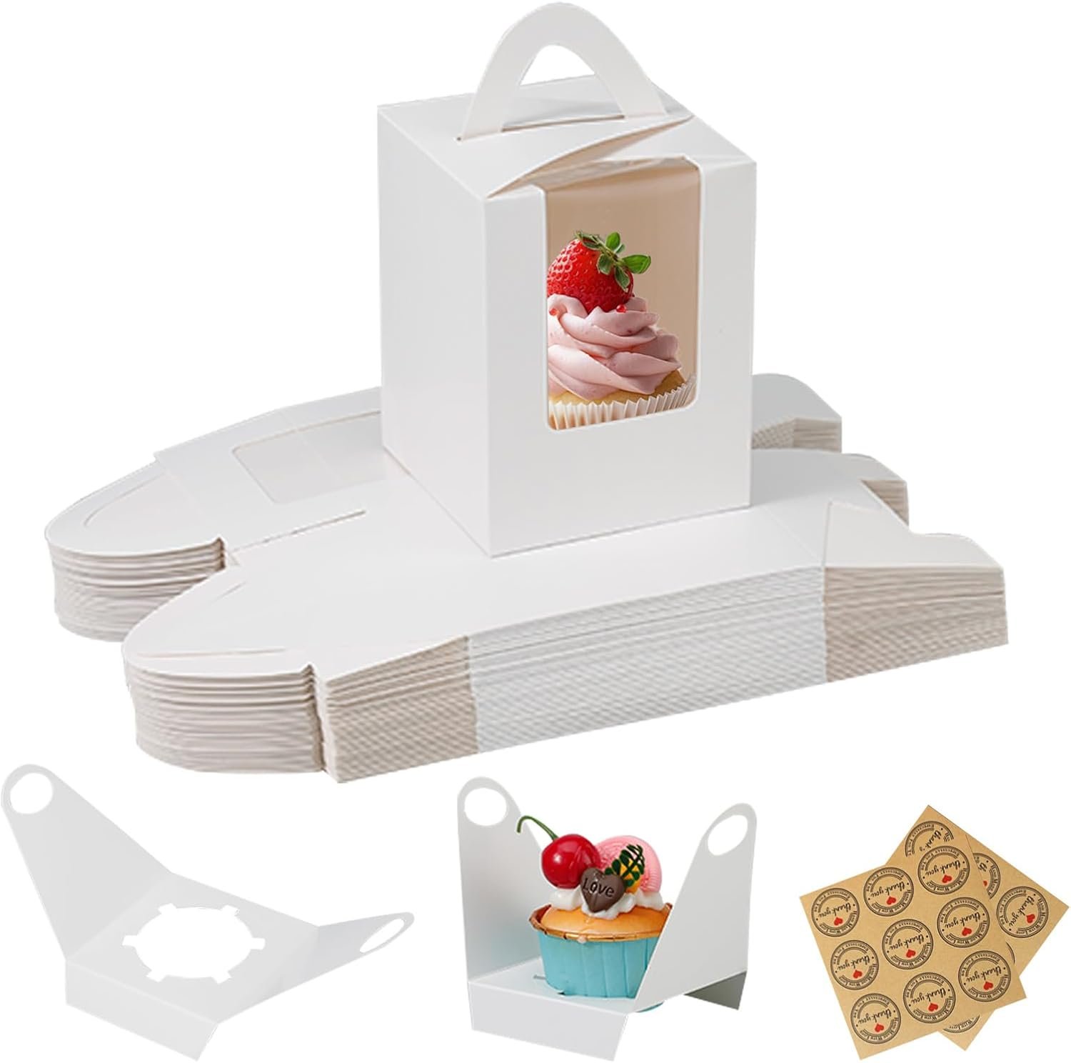 Wholesale 60 Packs White Cupcake Boxes with Window Inserts Handles 3.5x3.5x4.5 Inch Portable Individual Cardboard Containers for Cookies Donuts Candy Muffins Includes Stickers Factory