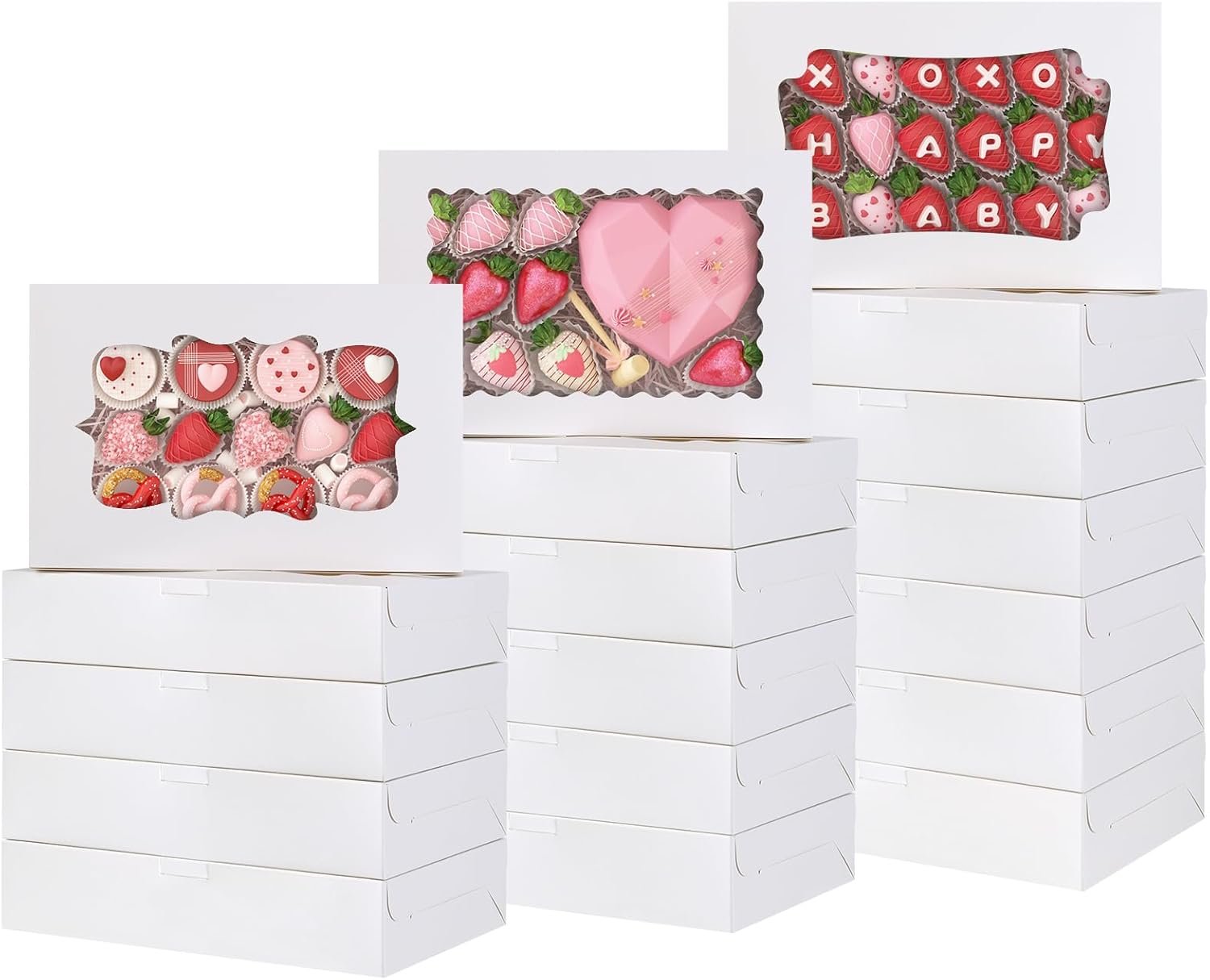 Wholesale 60pcs 12x8x2.5 Inch Bakery Cookie Boxes 3 Styles Treat Containers with Window for Candies Chocolate Strawberries Cakes Muffins Donuts Factory