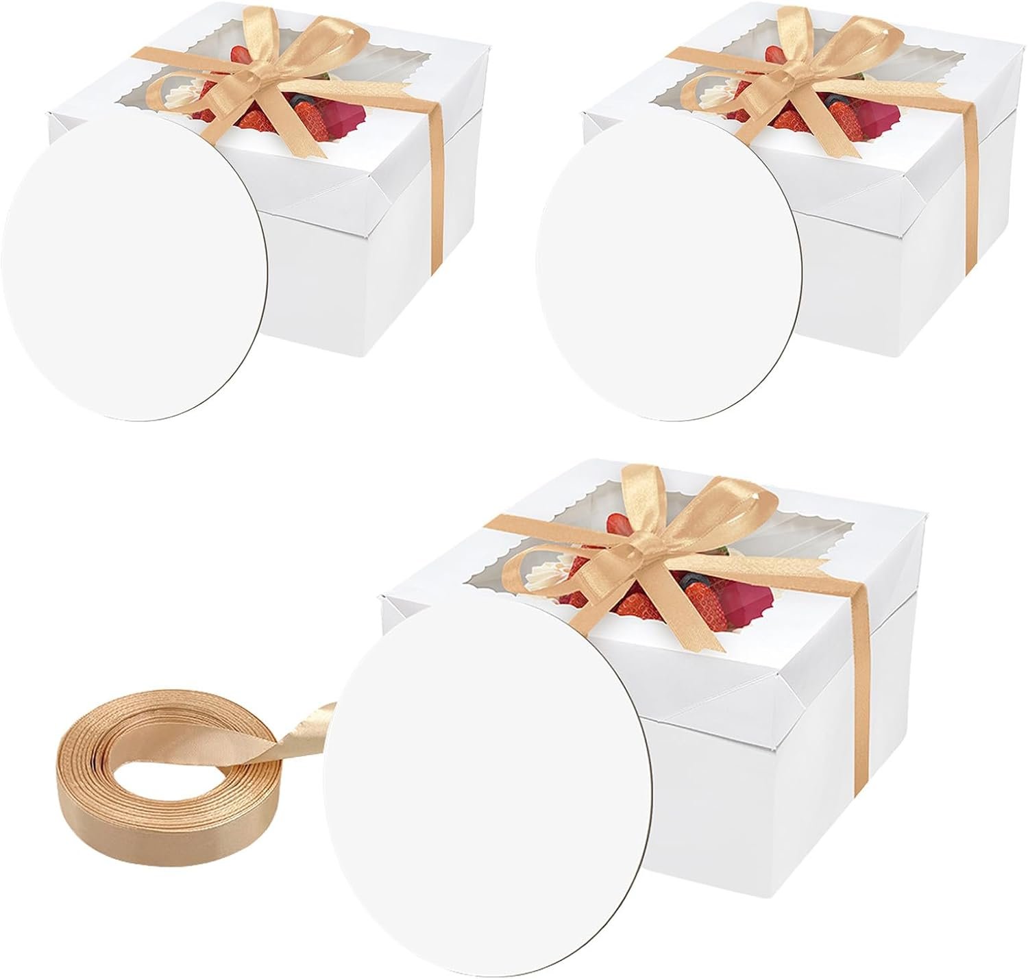 Wholesale 6PCS 10x10x8 Inch Cake Boxes with Boards 3 Window Boxes 3 Inserts 70ft Silk Ribbon Large Square Baking Factory