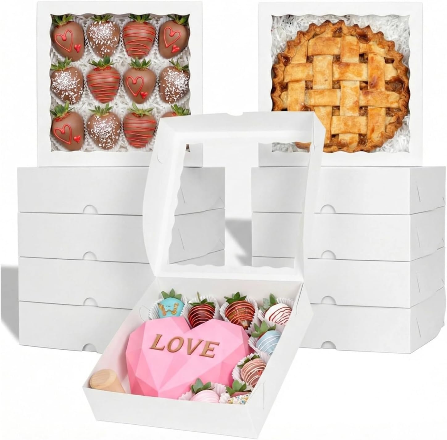 Wholesale 6pcs 10x10x2.5 Inch White Bakery Boxes with Window for Pies Cookies Chocolate Strawberries Breakable Hearts Charcuterie Christmas Factory