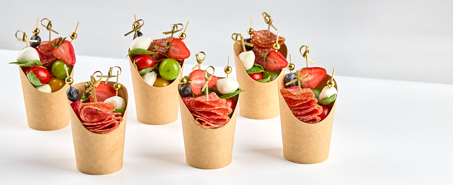 Wholesale 8 oz Small Disposable Kraft Paper Charcuterie Cups 50 Sets with 200 Cocktail Picks Individual Appetizer Boxes French Fry Holders Factory